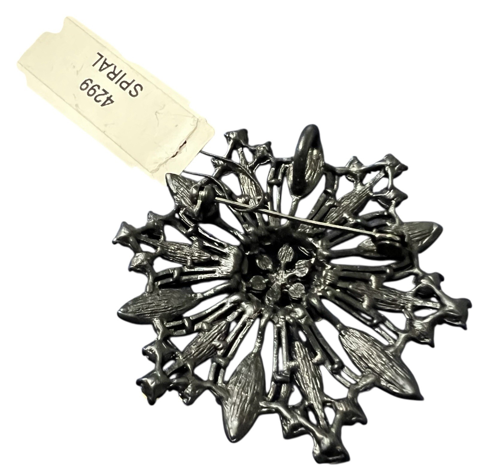 Vintage Black Spiral Starburst Metal Brooch/Pendant W/ Clear Sparkly Stones NWT