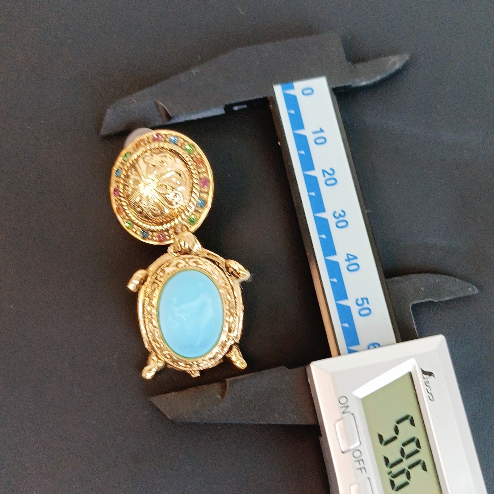 Vintage Zoe Coste Turtle Earrings France Blue Glass Rhinestone Gold Tone