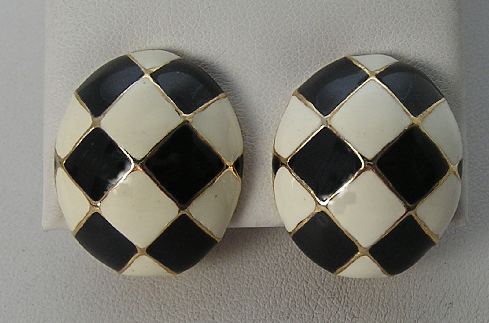 Vintage Gold Tone Gay Boyer Black-White Checkerboard Enamel Domed Oval Earrings