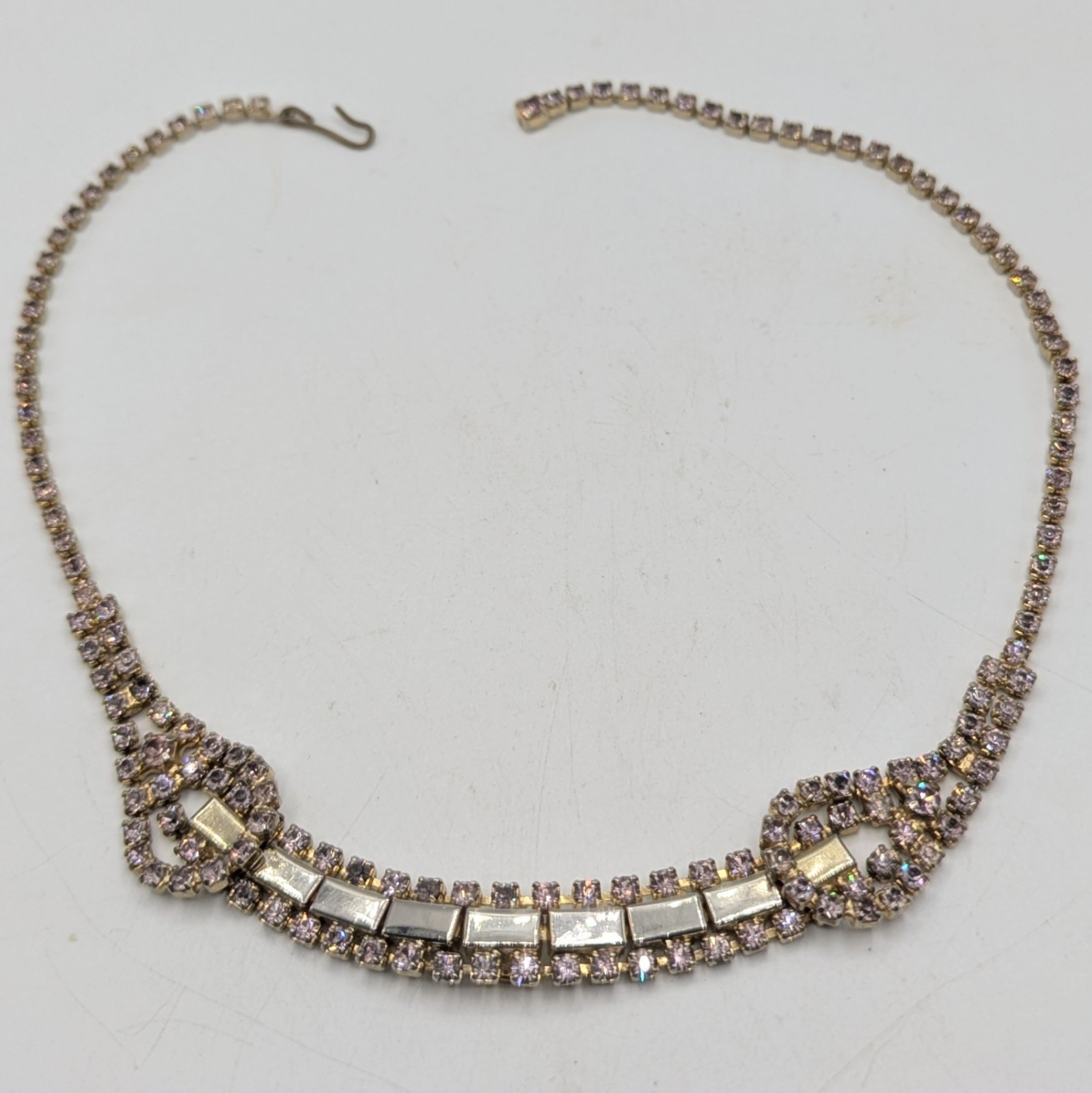 Vintage Rhinestone Pink Mauve Gold Tone Choker Necklace 14-16″
