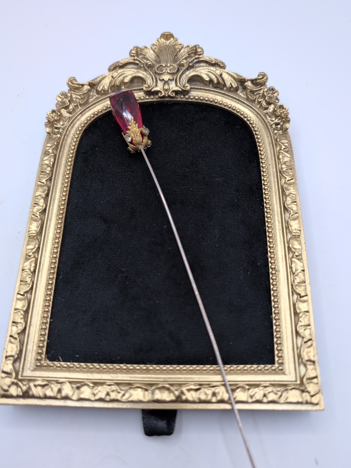 Vintage Red Glass , Rhinestone, Brass Hat Pin 7.5″