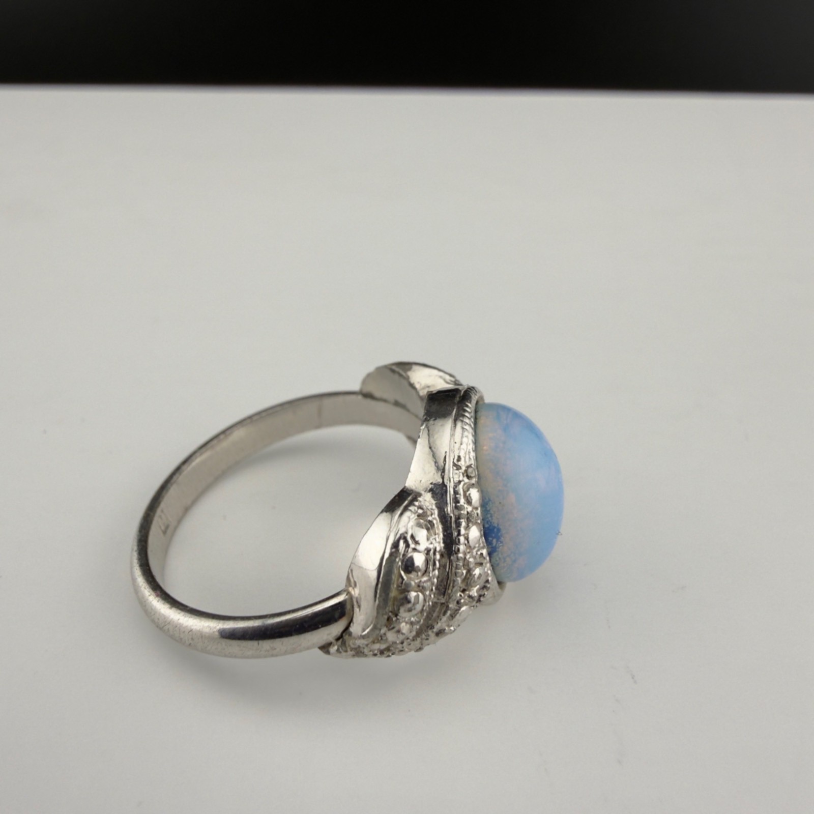 Vintage Silver Tone Faux Marcasite Blue Lab Opal Ring Size 7