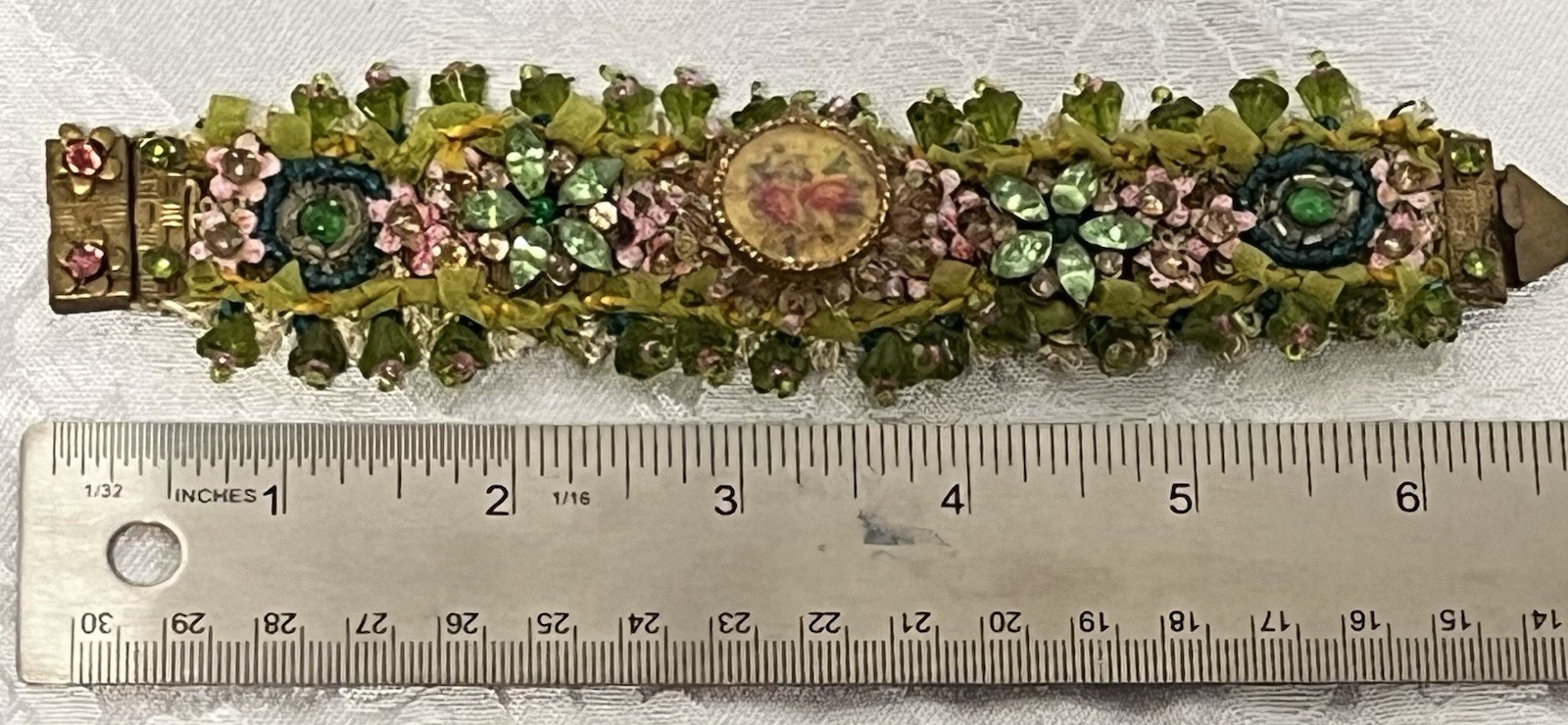 Vintage 1990s Victorian-style Beaded Ribbon Bracelet • Green & Pink Floral Motif