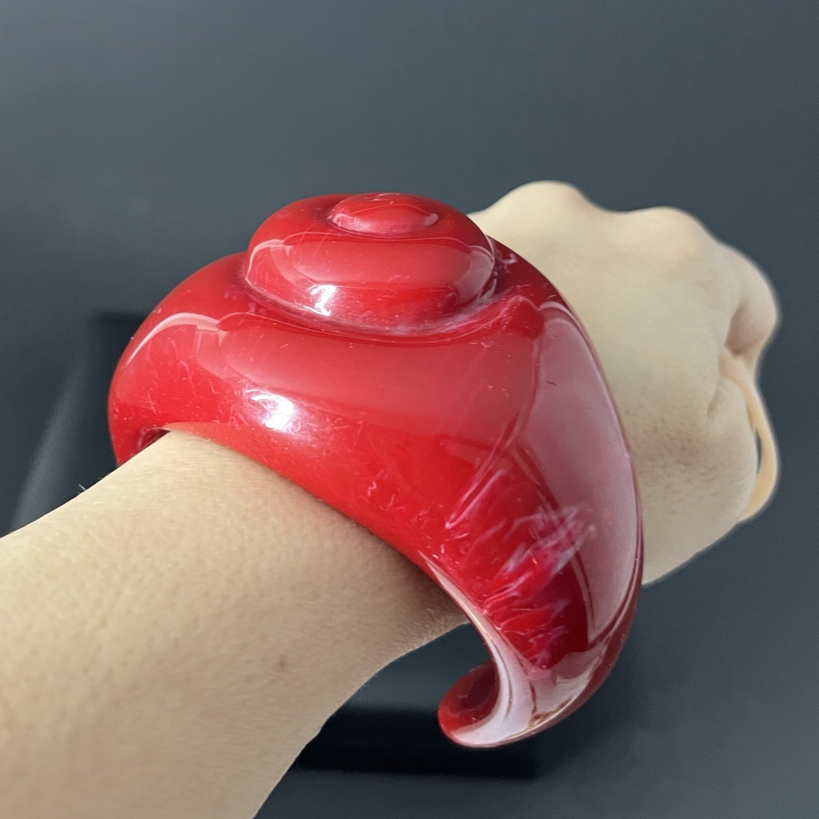 Red Lucite Cuff Bracelet Wide Chunky Statement Spiral Nautilus Shell Modernist