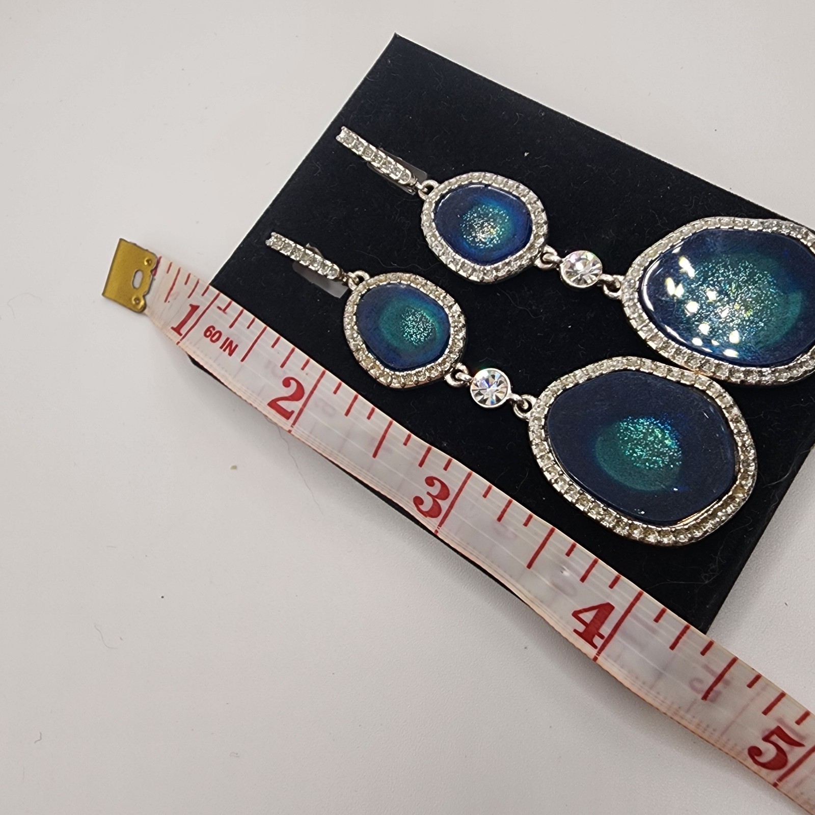 Vintage Silver Tone With Gems Women’s Earrings Geode Slices Stones Dangle Blue!