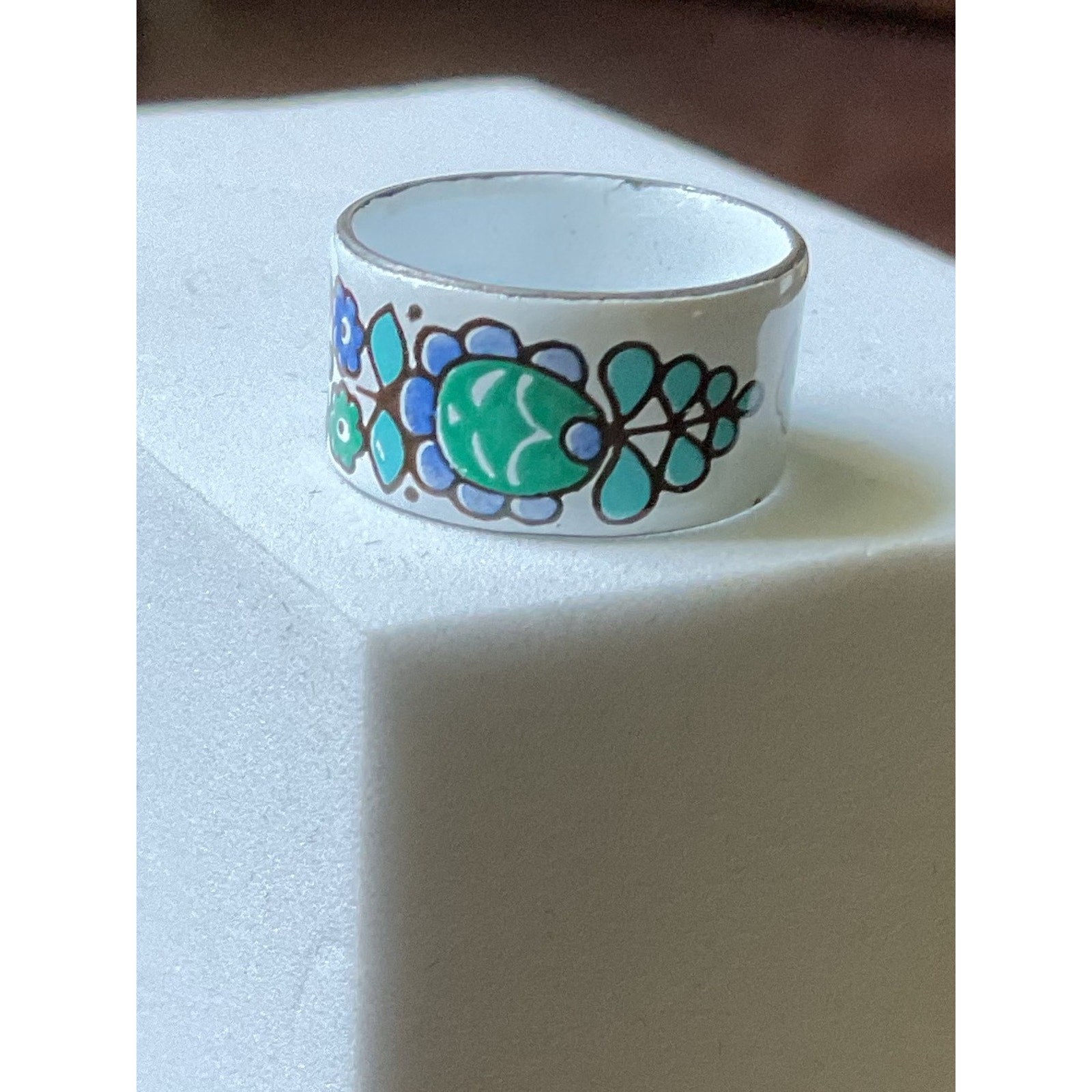Vintage Mexican Ceramic Hand Painted Floral Ring Size 7 Blue Green White Flaw