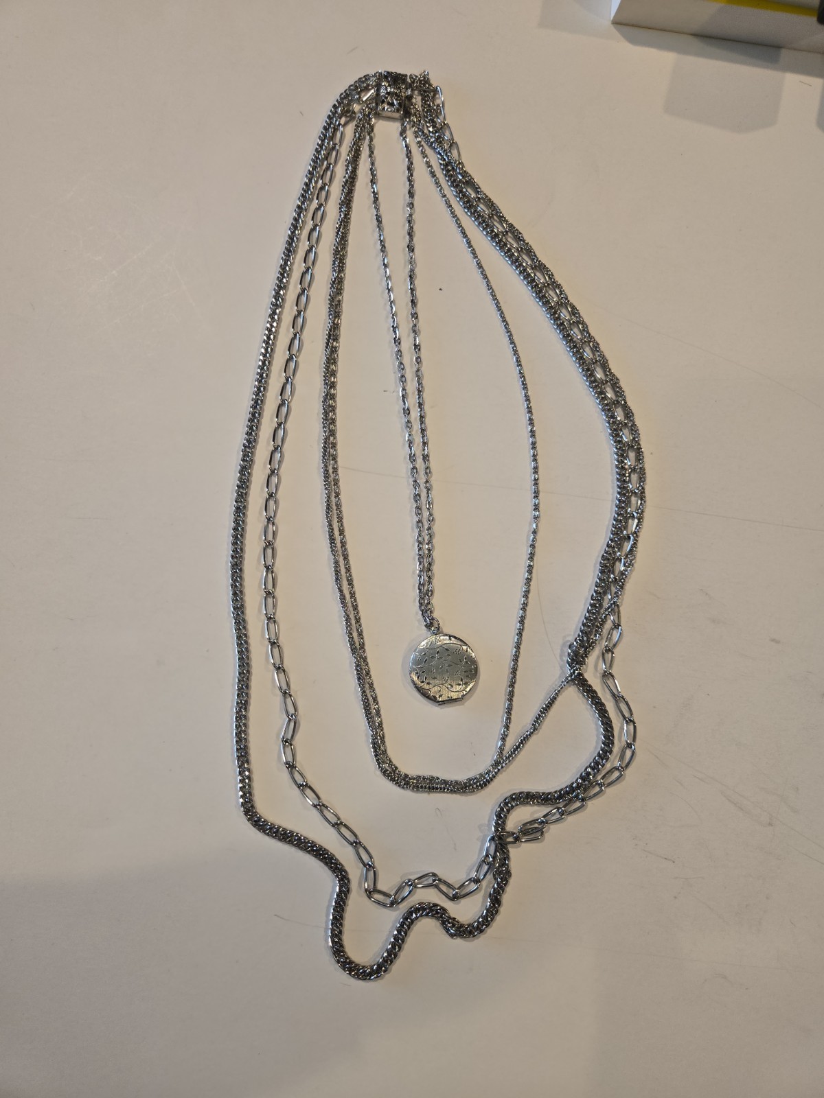 VINTAGE Multi Layer Strand Chain Necklace ROUND LOCKET PENDANT Long SILVERTONE