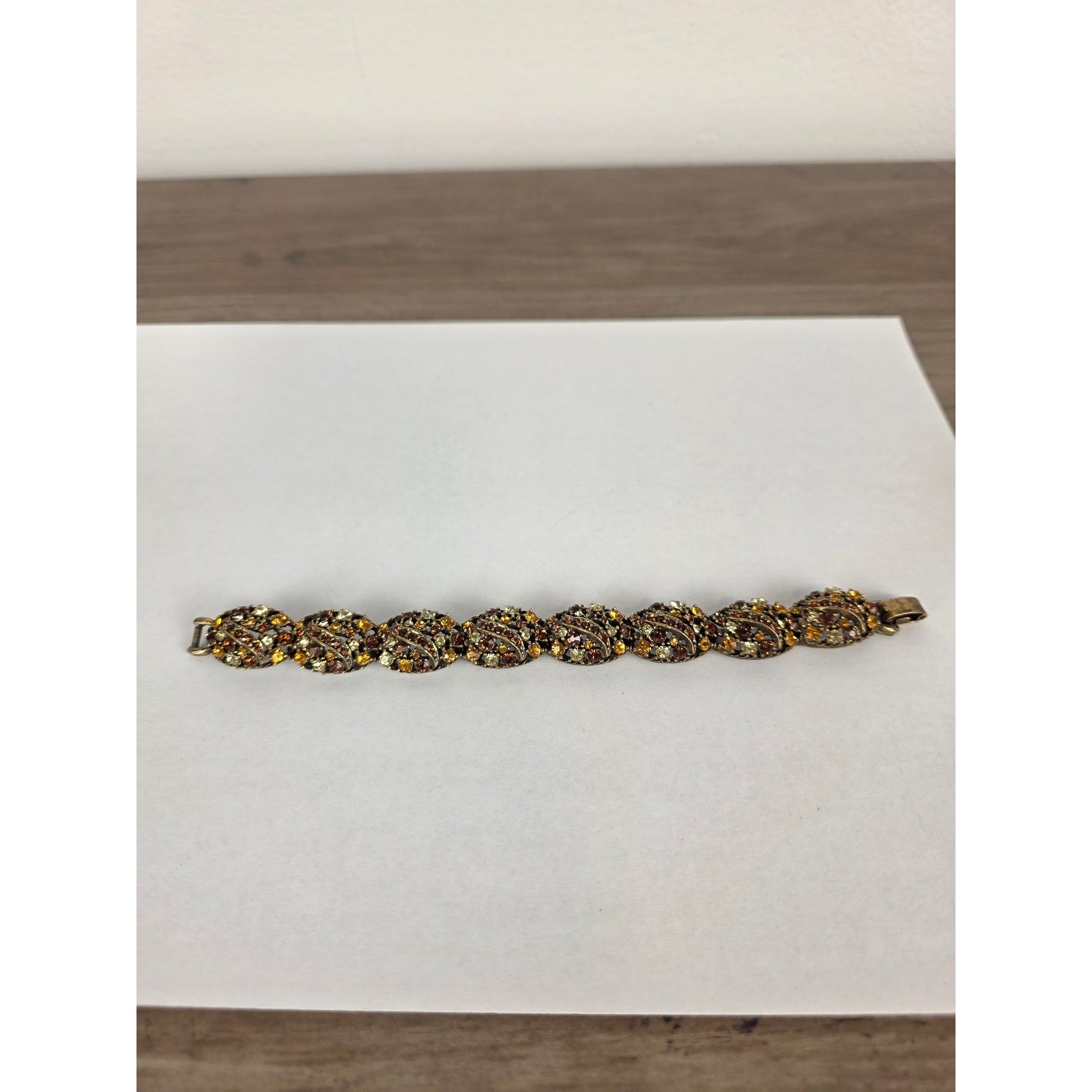 Selini Vintage Gold Tone Multi Amber Rhinestone Filigree Link Bracelet 7.25in
