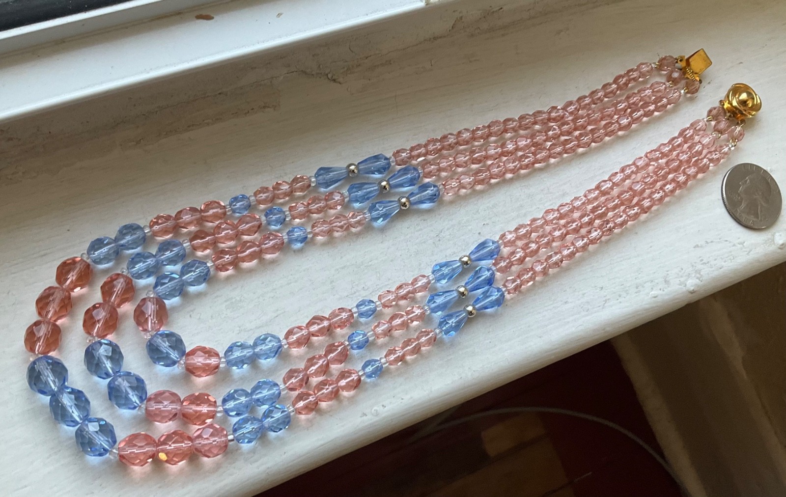 Vintage TRIPLE STRAND AUSTRIAN Blue Pink CRYSTAL GLASS BEADS FACETED
