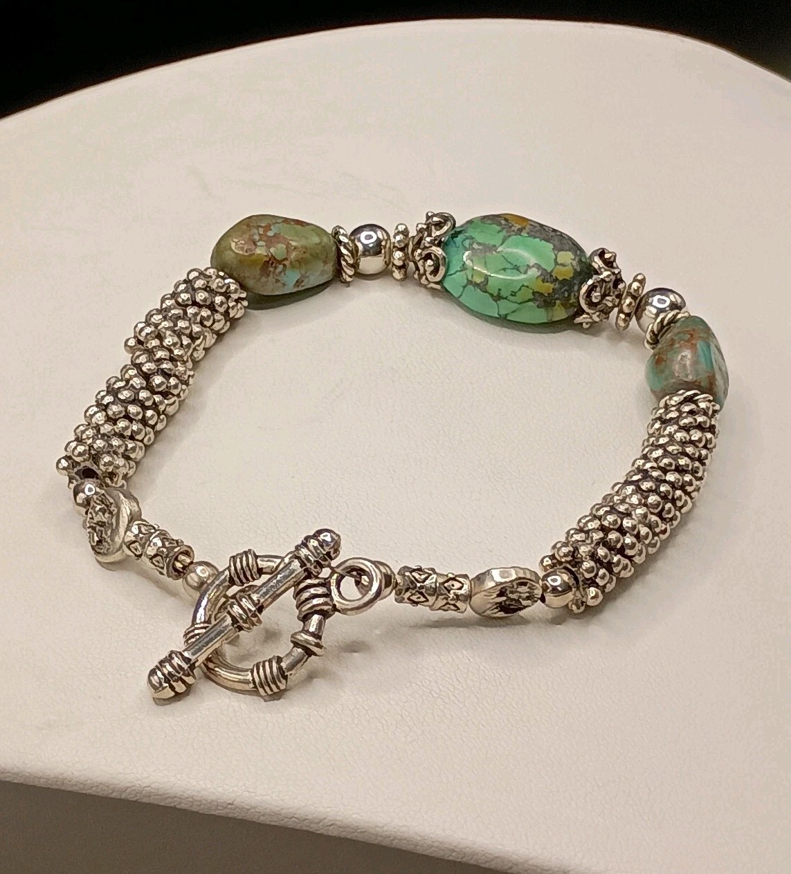 Vintage Green Turquoise Nugget Silver Bracelet Sz 7.75 Untested Popcorn Bead 40g