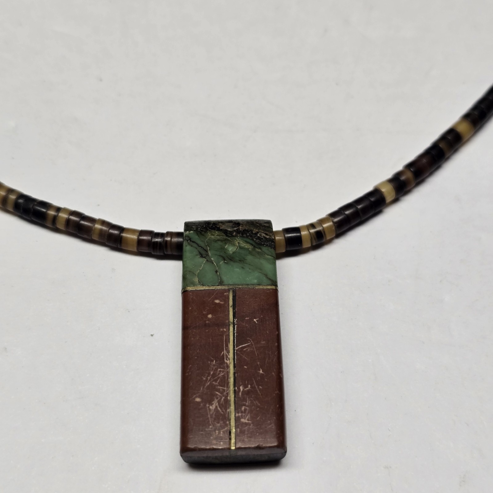 925 Sterling Clasp Heishi Necklace With Stone Inlay Pendant Southwestern 16″