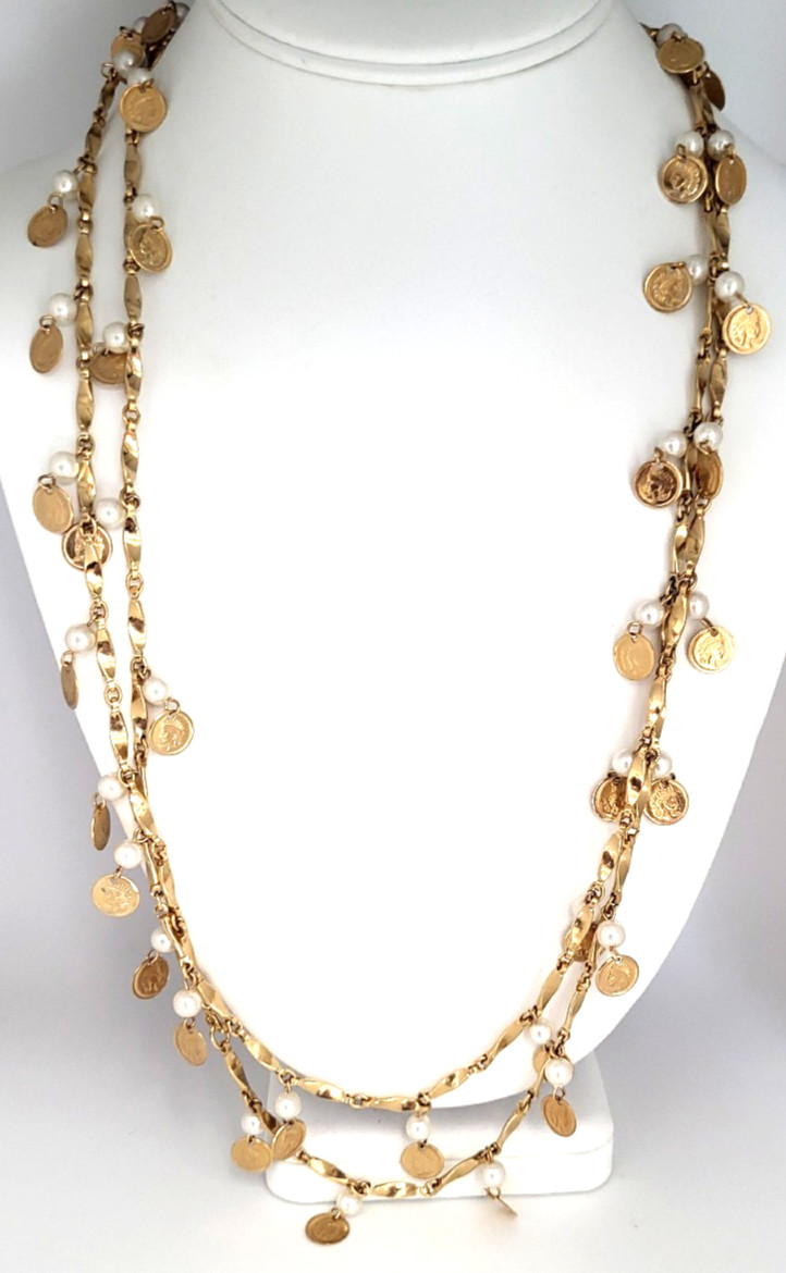 Vintage Dangle Coins & Faux Pearl Necklace Gold Tone Twist Bar Link Chain 54″