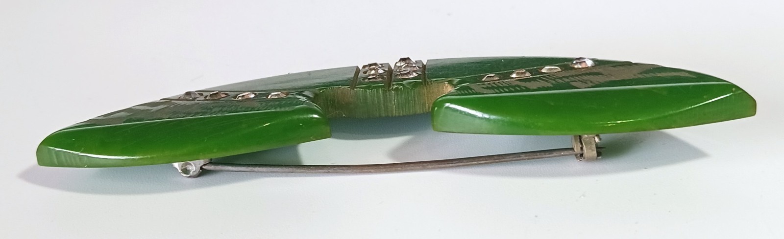 Vintage Art Deco Dark Green Bakelite Brooch w/ White Rhinestone Lines