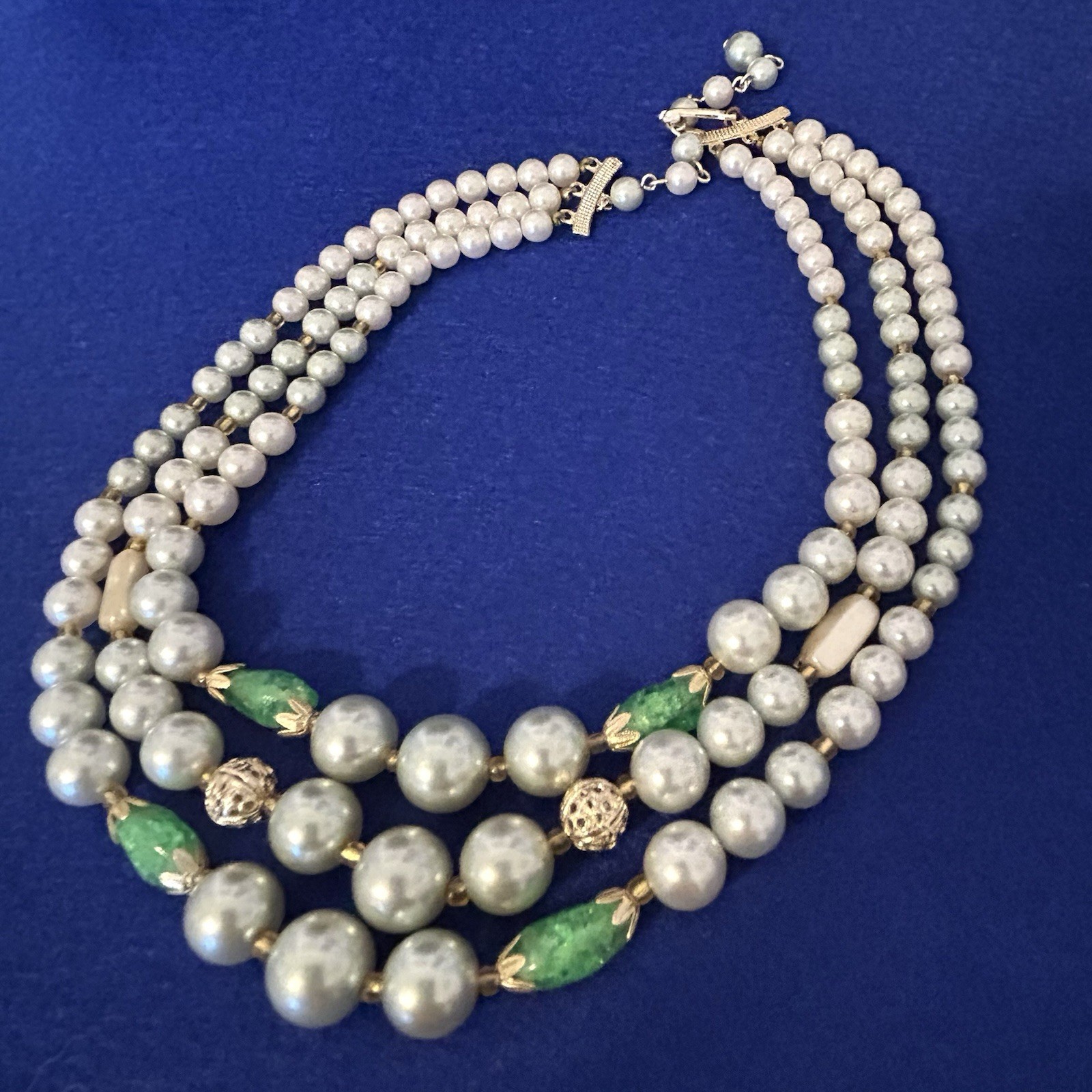 Vintage Beaded Necklace Japan Green Crackle Glass Kawaiicore Multi Strand 17”