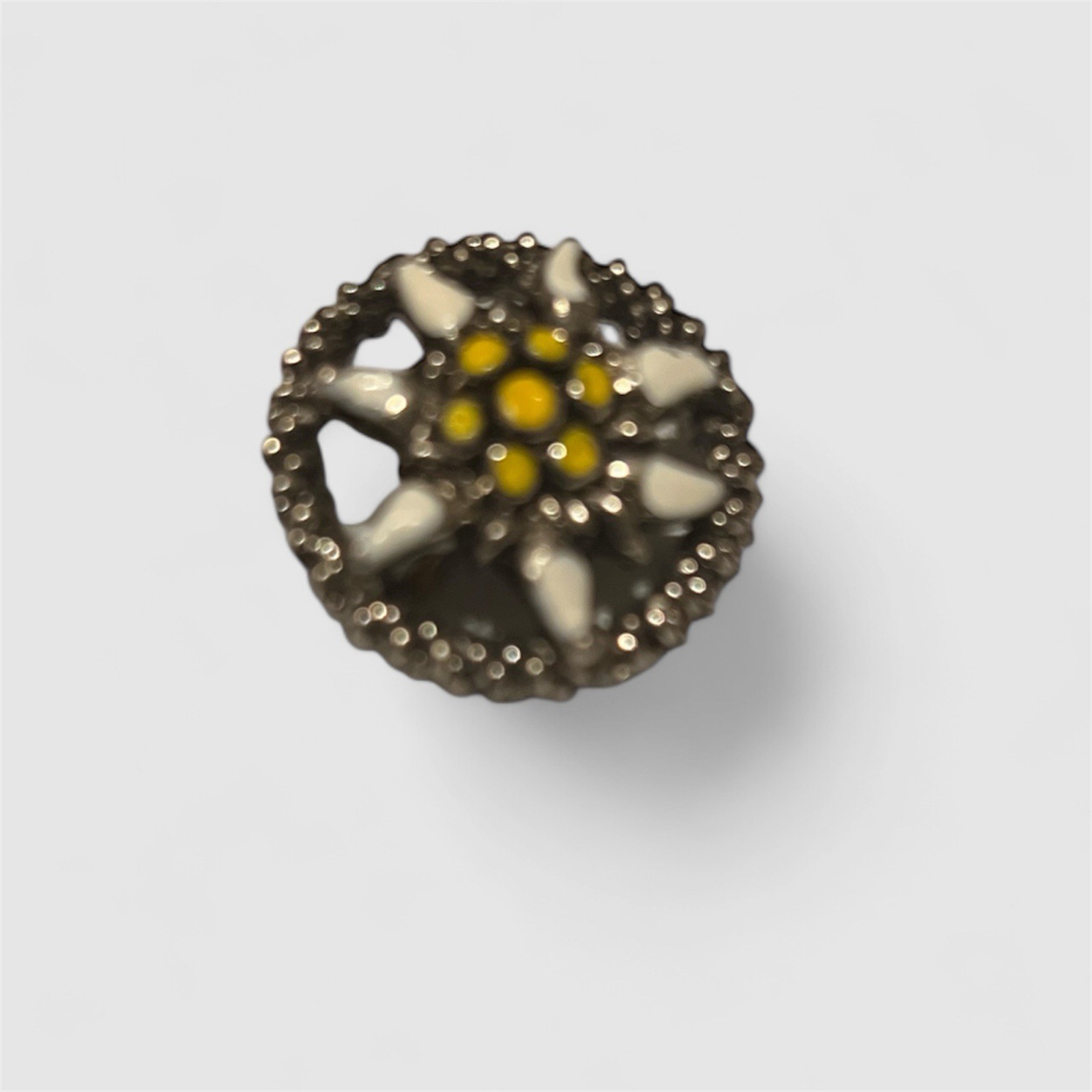 Vtg Small Round Eddeiss Brooch Pin Pewter Tone Yellow White Painted Enamel