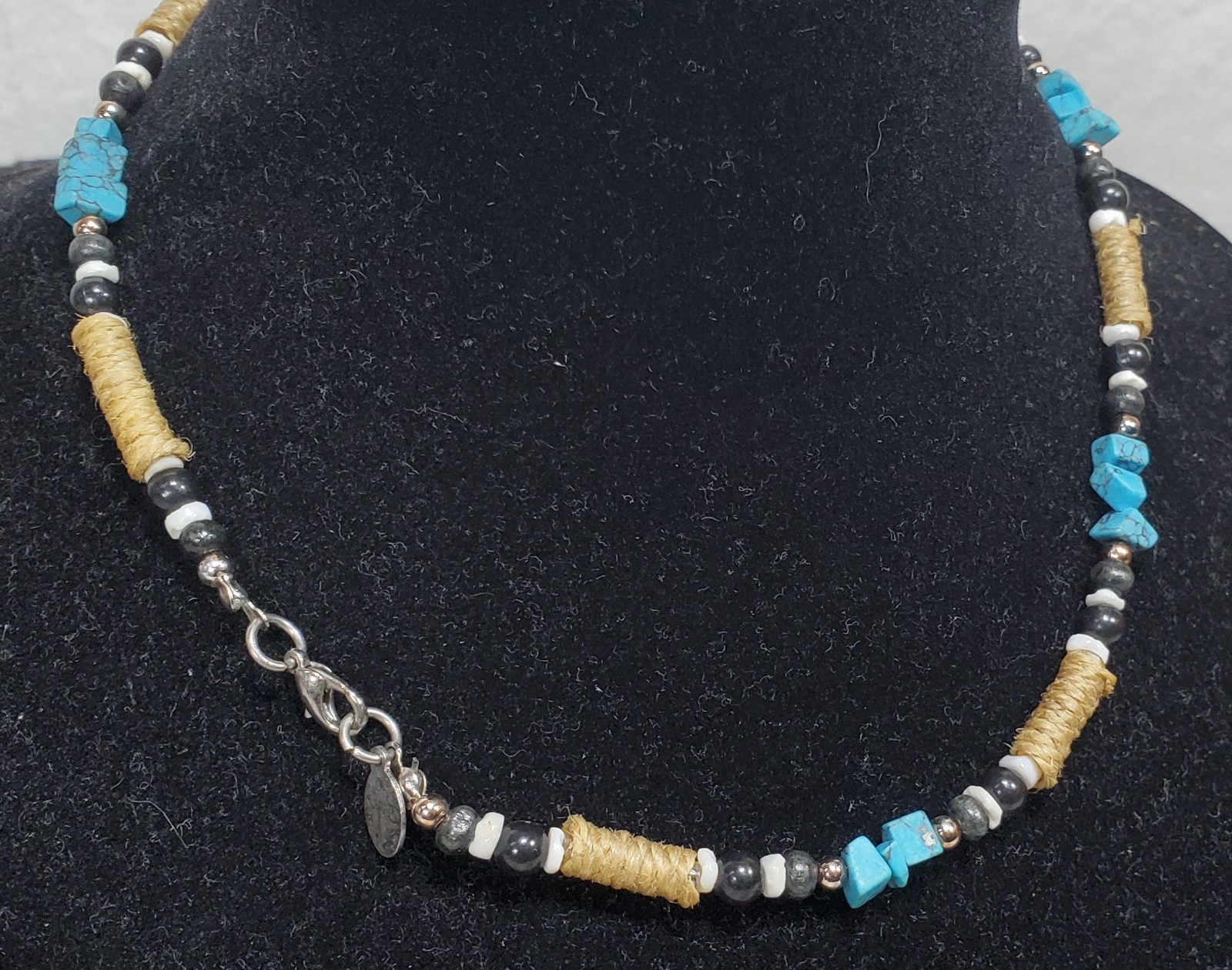 Vtg Panama Jack Southwest Hemp, Turquoise, Black & White Beads Necklace