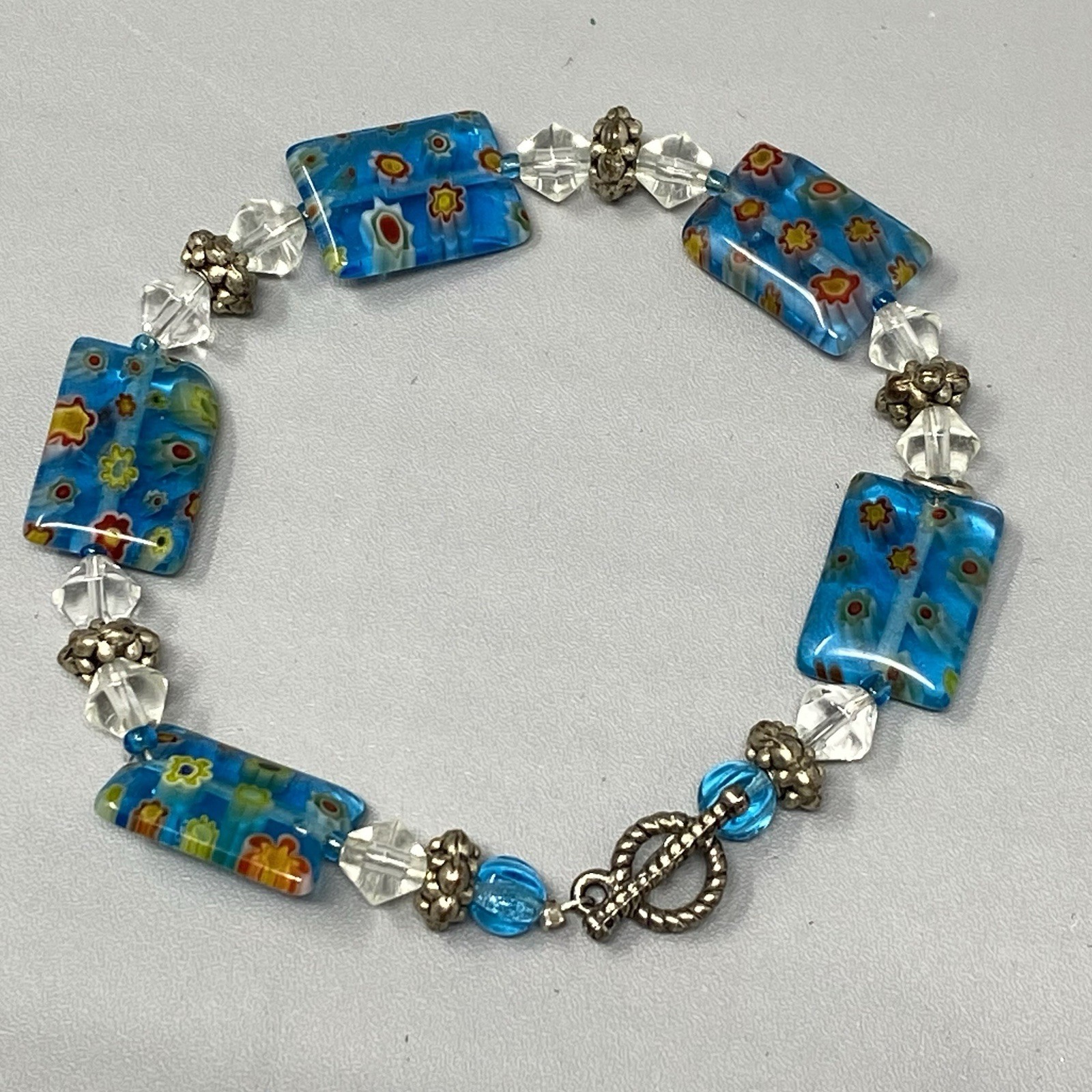 Millefiori Glass Bead Bracelet Blue Multicolor Flowers Clear Bicone Crystals 7.5