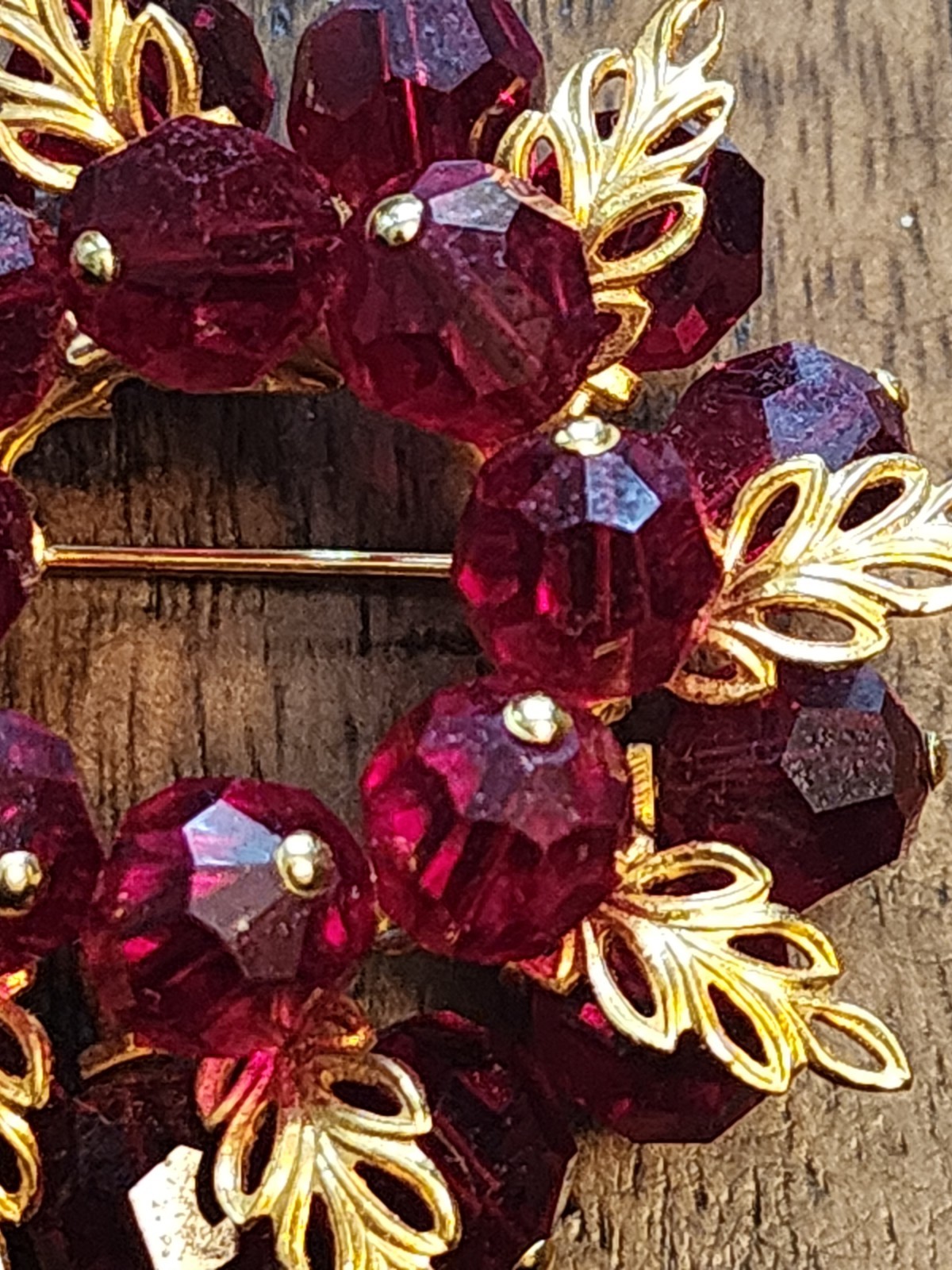 Austria Brooch w/ Red Beads and Gold Tone Filigree Leaf Accents