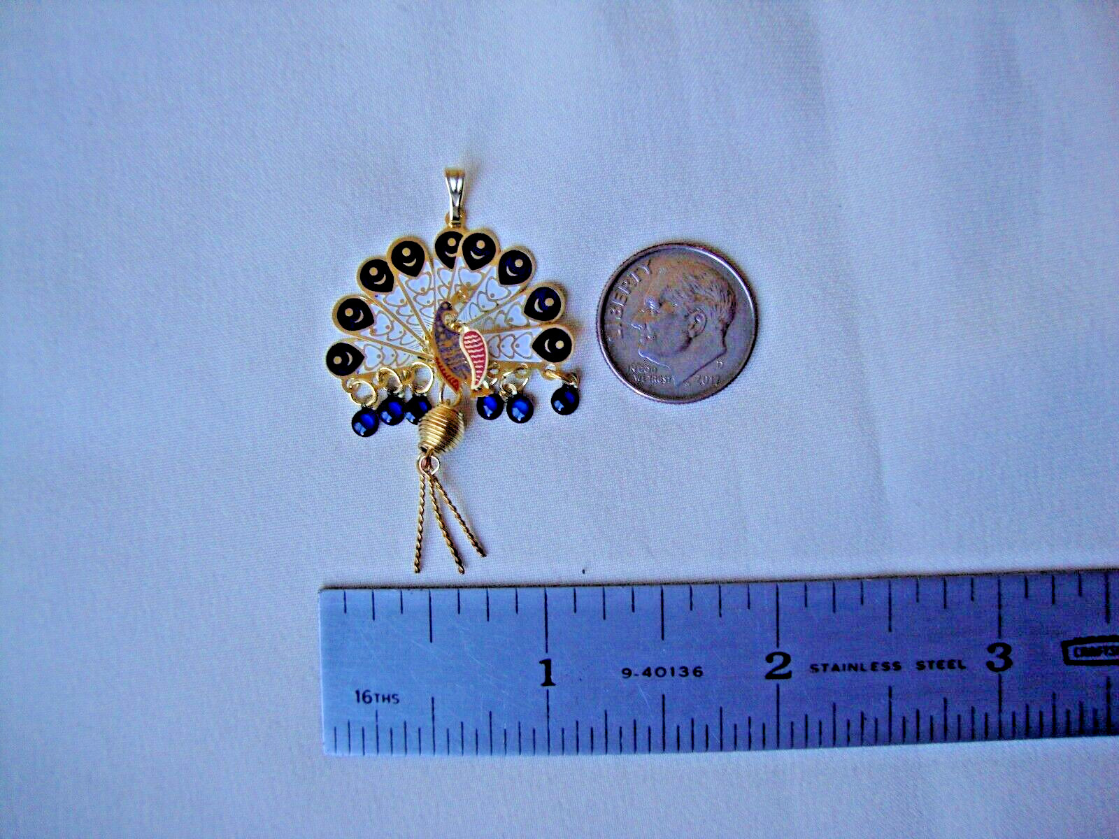 Vintage Folding Peacock Fan Purple Red Blue & White Enamel Gold Plated Pendant
