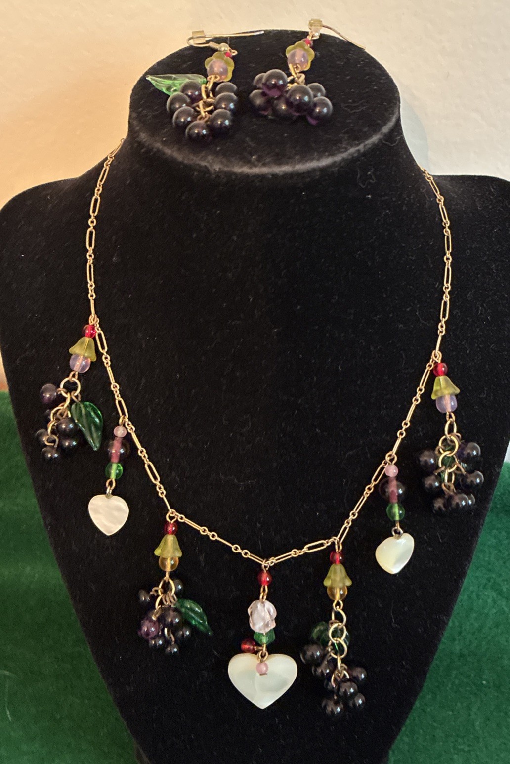 Vintage Hand Crafted Amazing Heart & Grape Cluster Dangle Necklace & Earrings