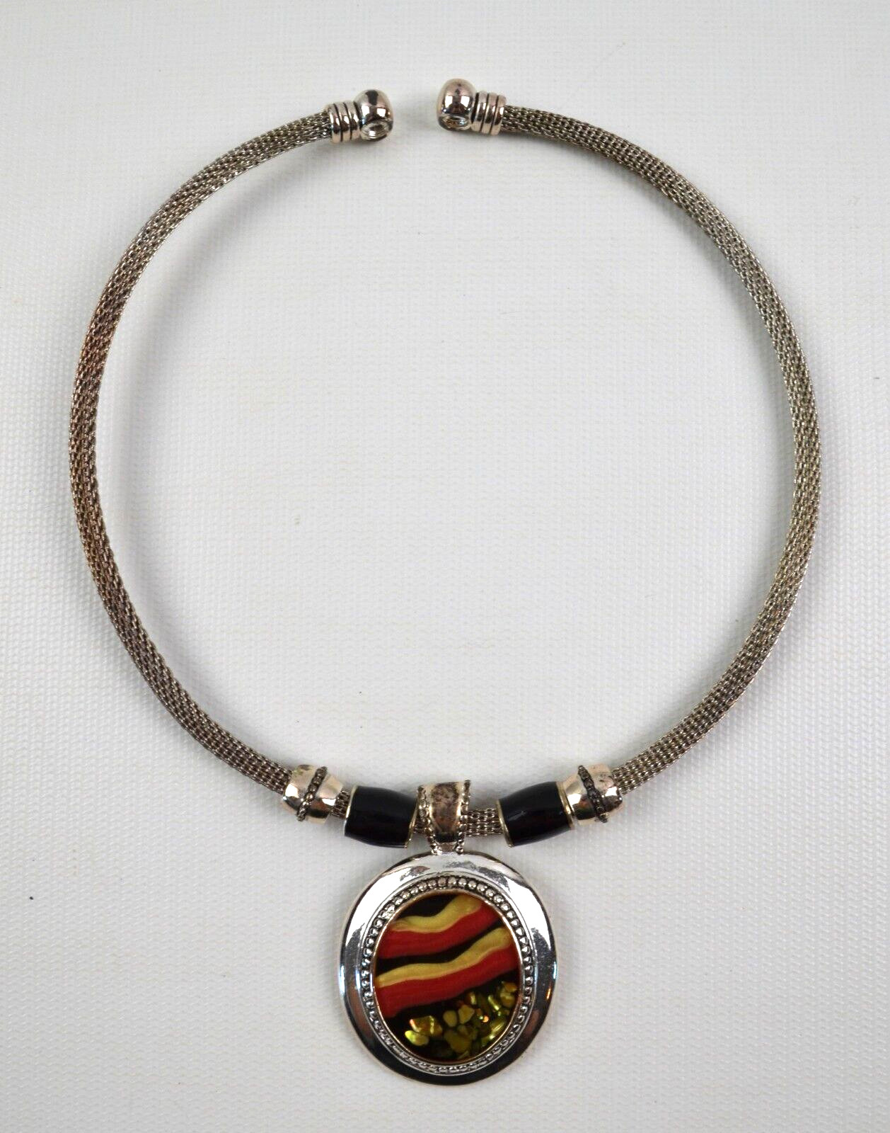 Vintage Silver Tone Snake Choker w/ Round Pendant Sunset Pattern 16″