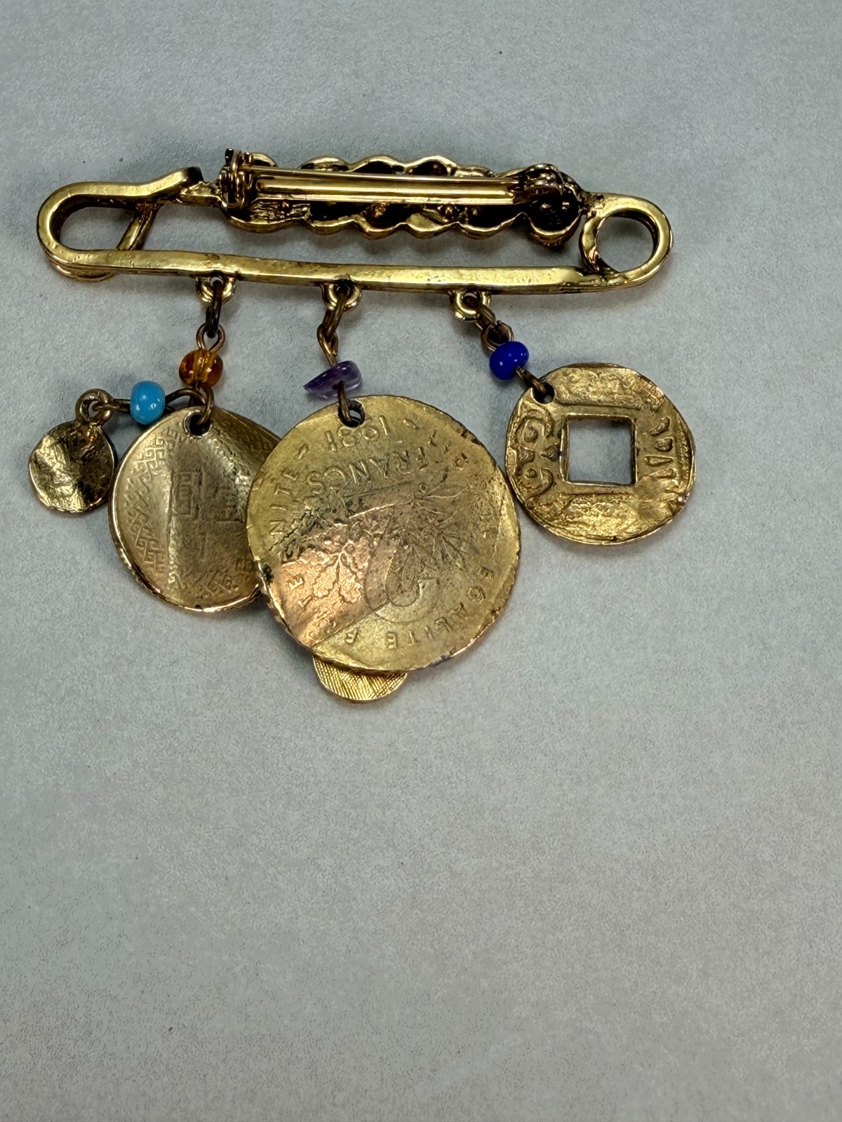 Vintage Brooch Pin Dangling Gemstone Crystal Coins