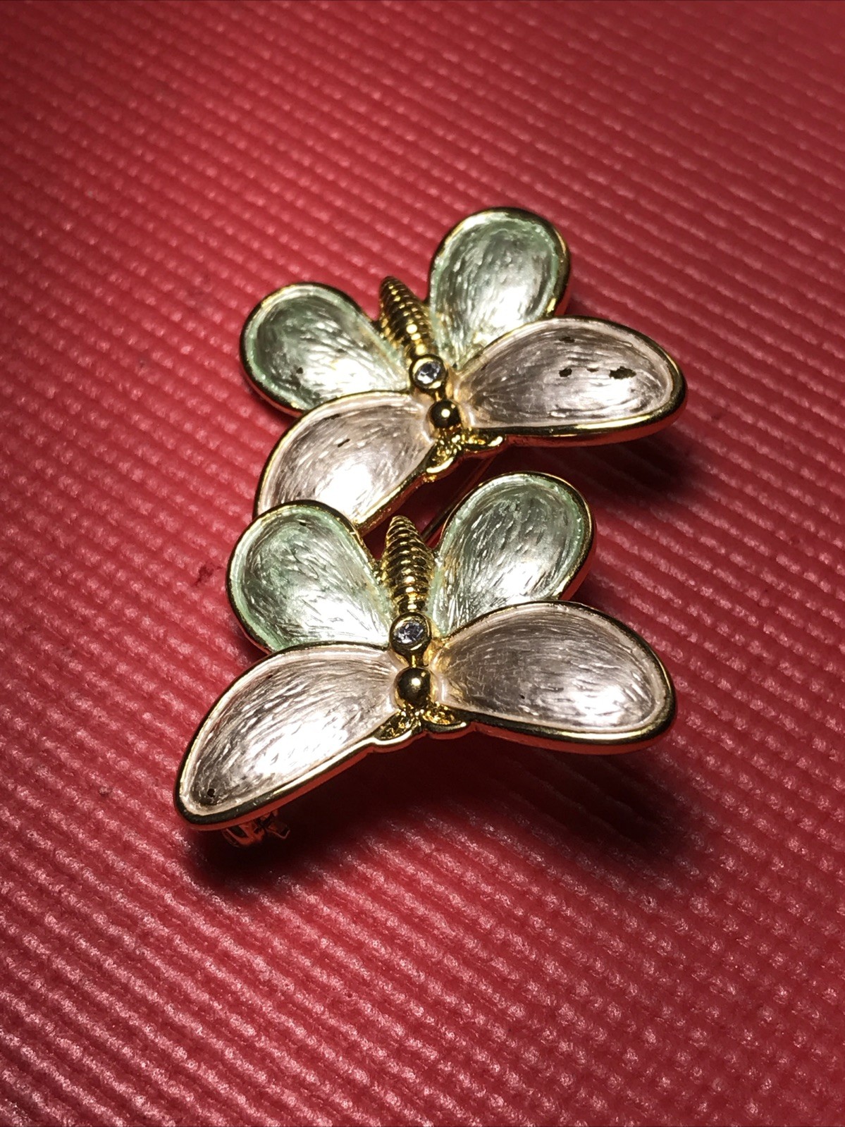 Vintage Pink and Green Brushed Double Butterfly Brooch Pin Gold Tone