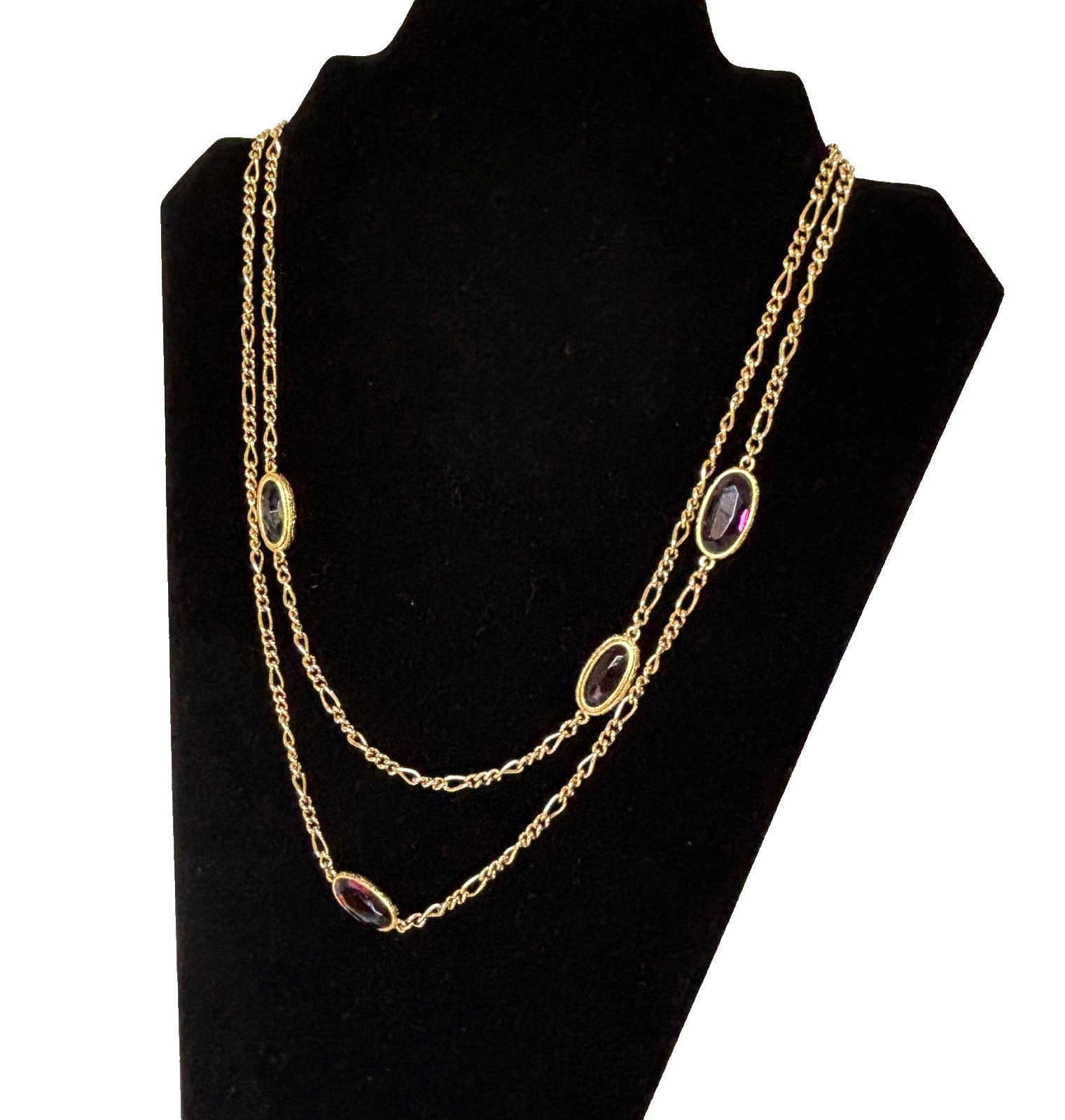 1928 Brand Amethyst Purple Crystal Bezel Necklace Goldtone Figaro Link Chain 44″