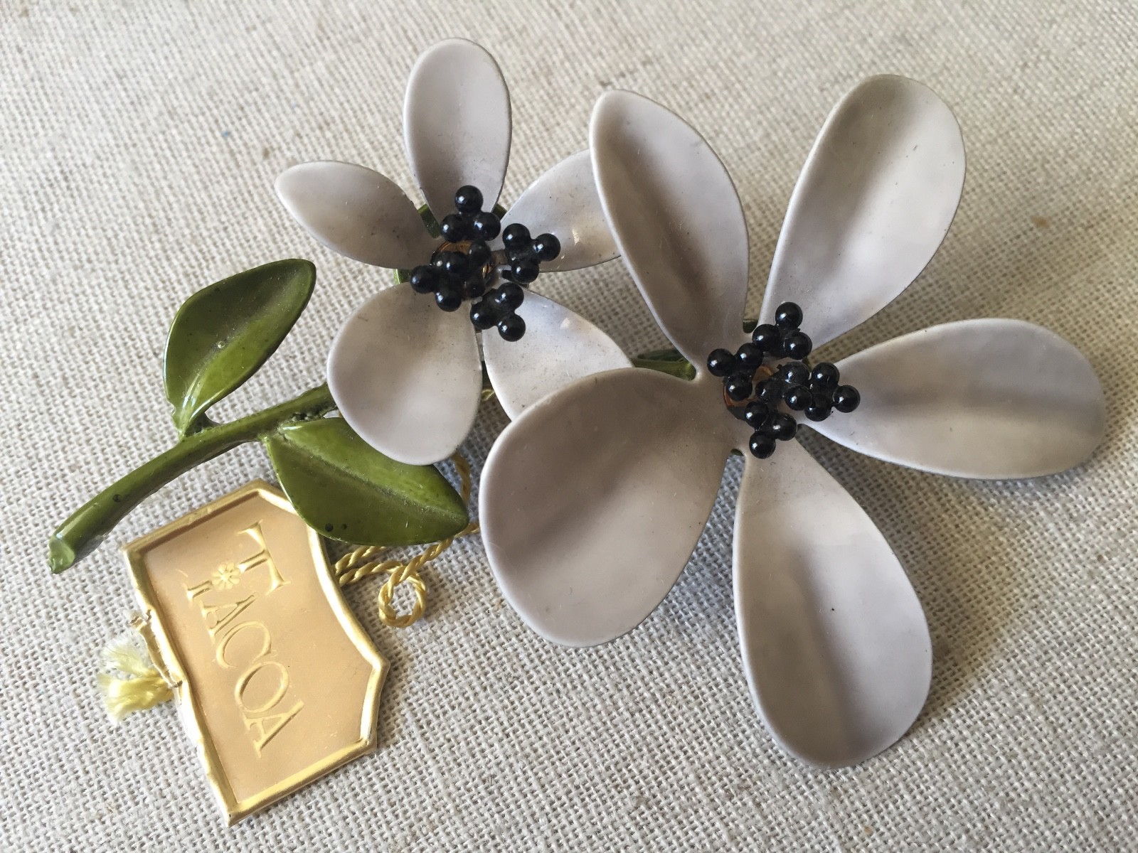 Vintage TACOA Double Flower Enamel Painted Pin Brooch w/ Original Tag Attached