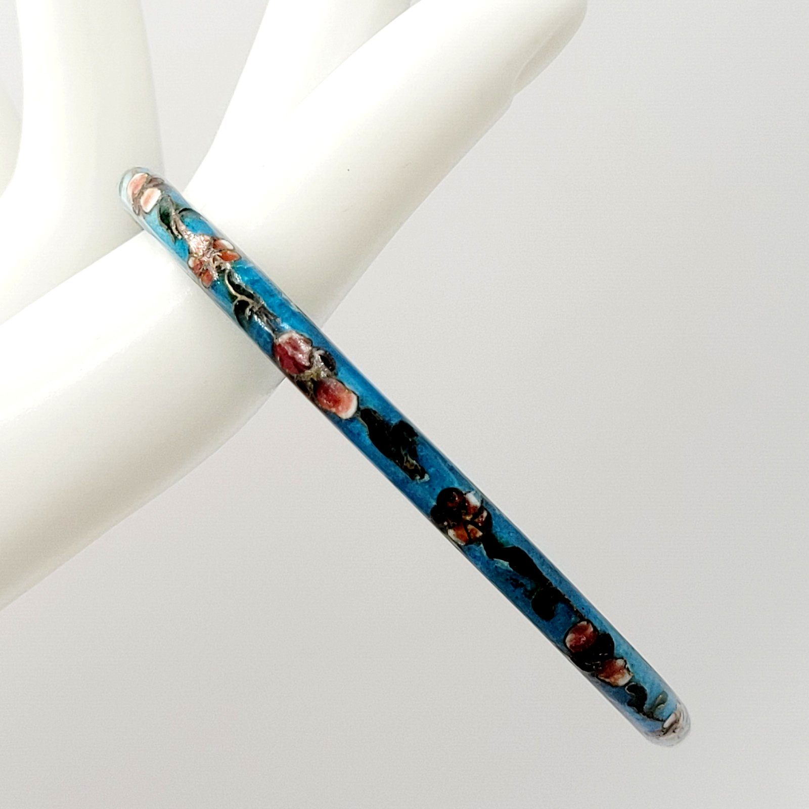 Cloisonné Light Blue Enamel Floral Hand Painted Asian Inspired Bangle Bracelet