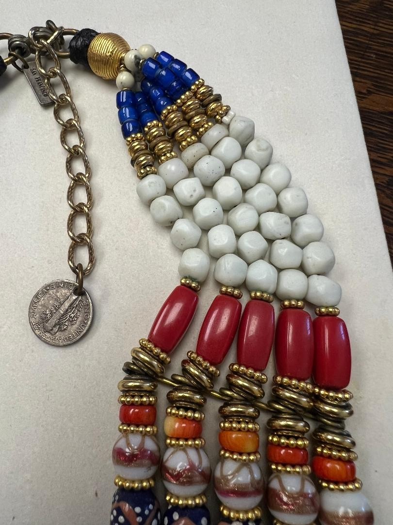 Masha Archer San Francisco Multi Strand Tribal Beaded Necklace Coral Agate Mercu