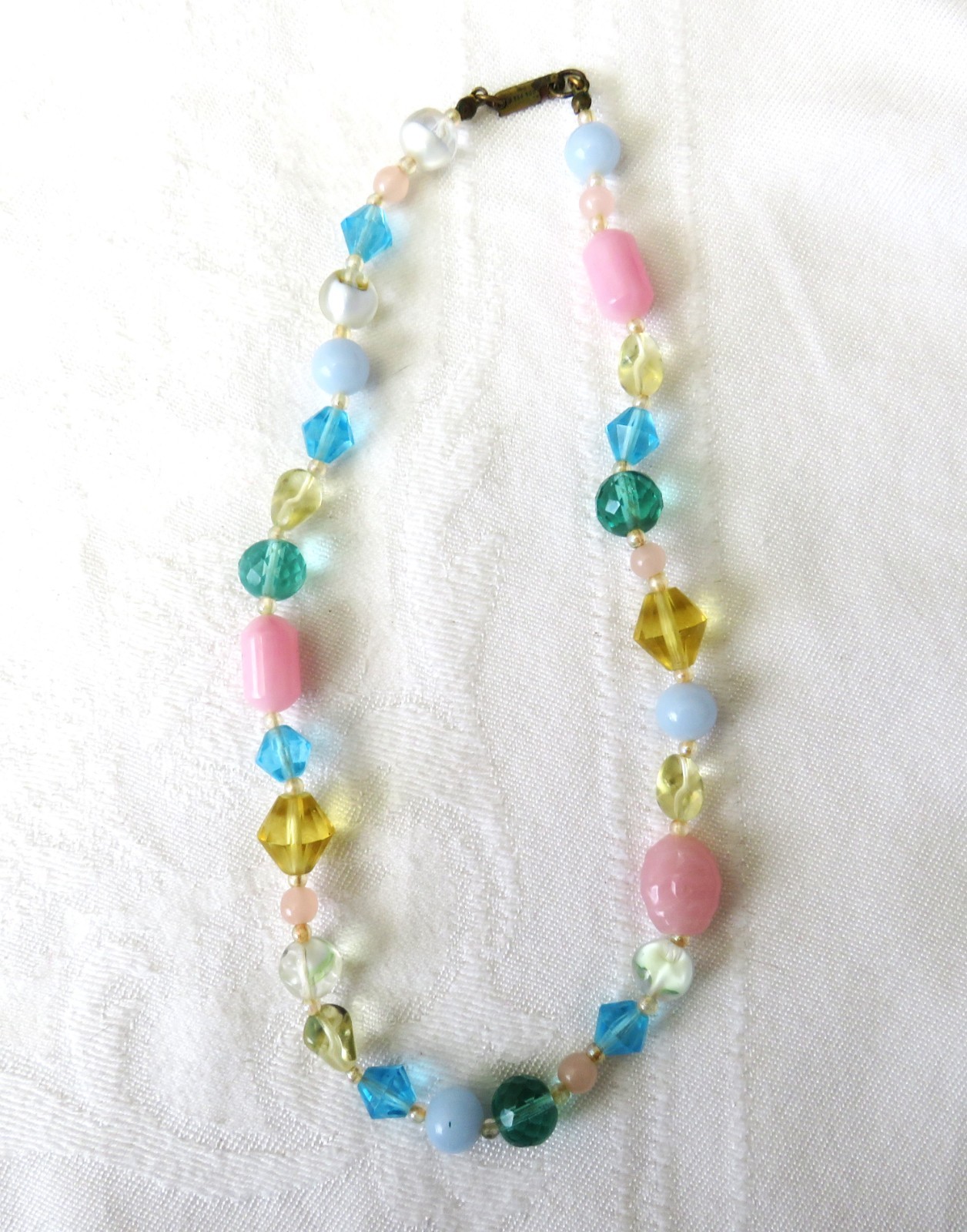 Vintage Miriam Haskell Choker Necklace Glass Beaded Pink Blue Clear Yellow 15″