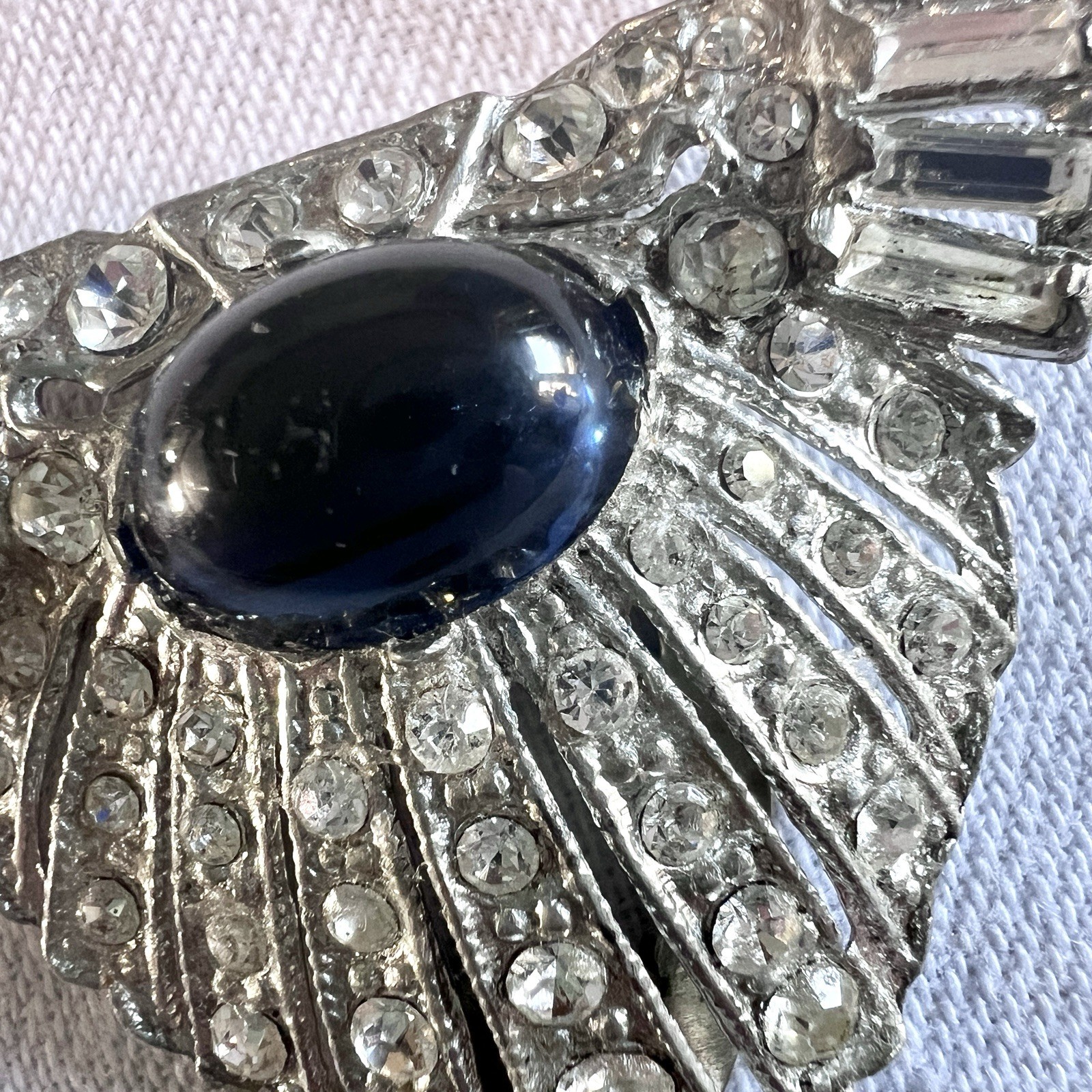 SINGLE DRESS CLIP Sapphire Blue Cabochon Rhinestones Vintage 1930s 1.5 X 2”