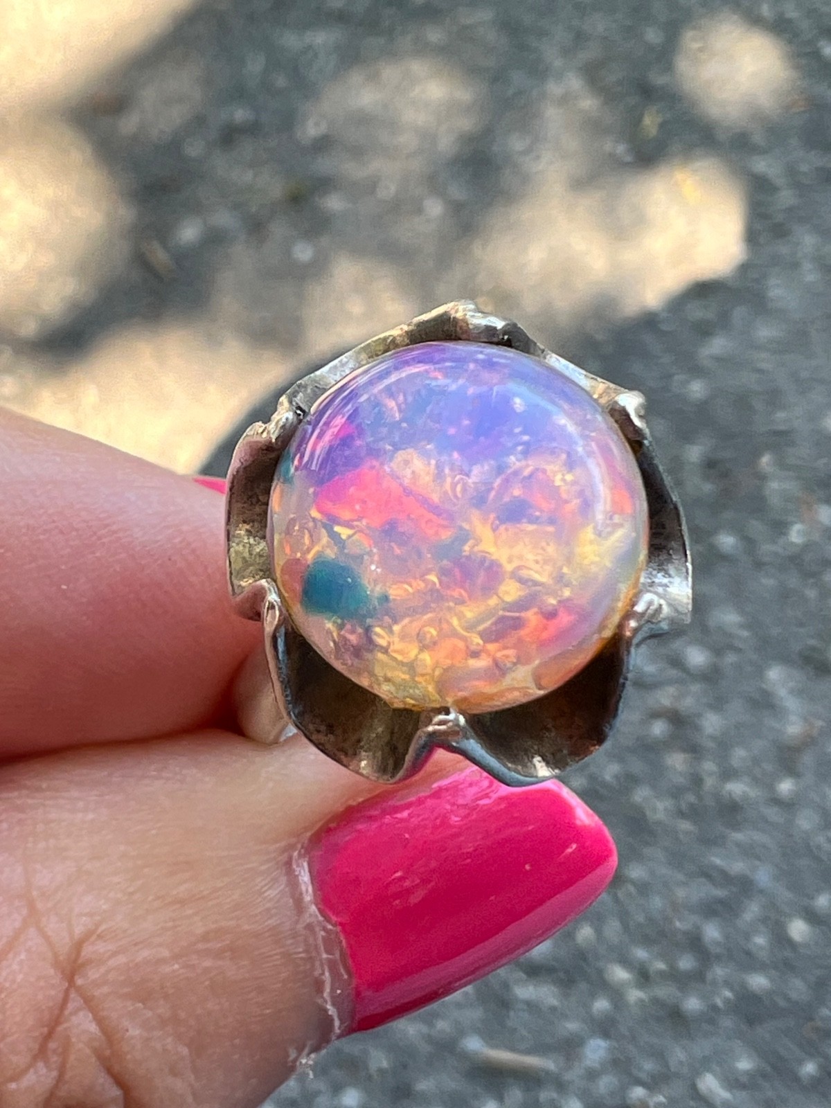 VINTAGE LARGE ROUND CABOCHON FAUX RAINBOW OPAL RING 925 STERLING SLVER MEXICO