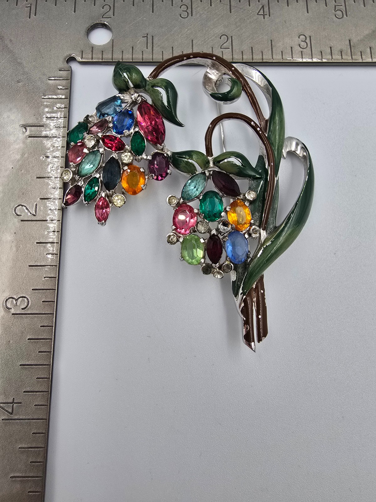Vintage Enamel Pot Metal Flower Brooch Pin Multicolor Rhinestone Floral Bouquet