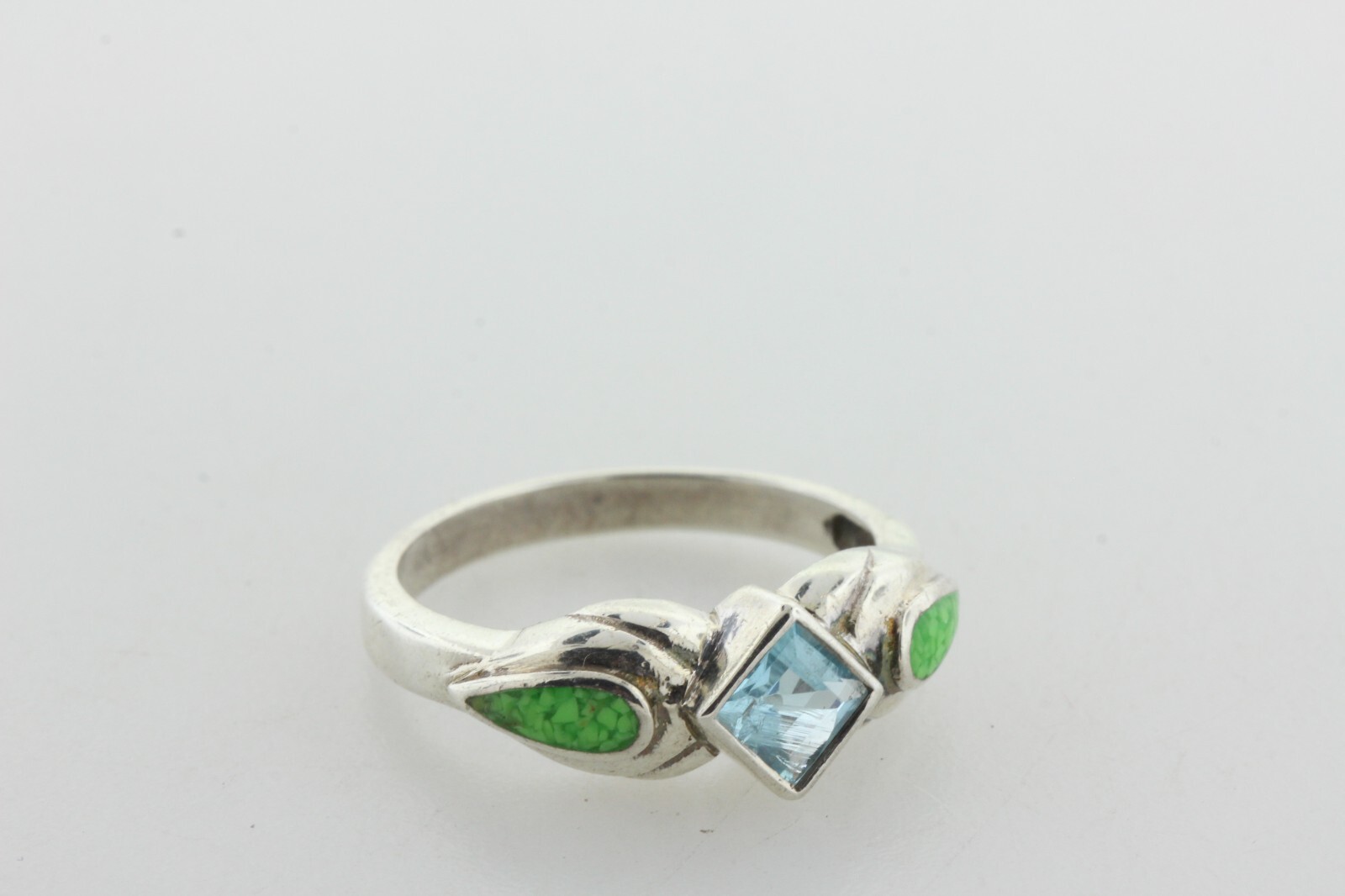 CW Sterling Silver 925 Vintage Blue Topaz & Green Turquoise Inlay Ring – Size 9