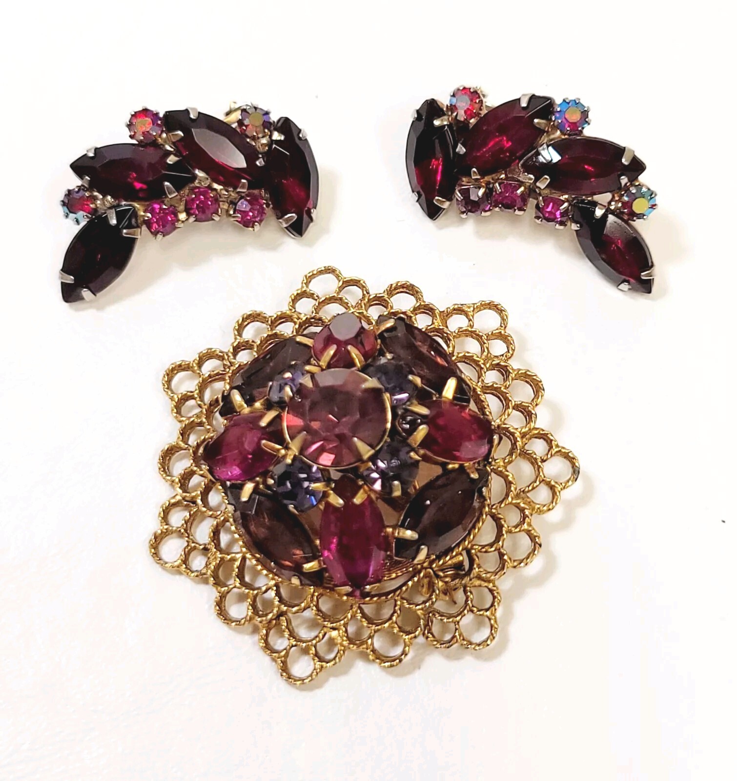 Vintage Fuschia Pink Purple Red Rhinestone Brooch & Earrings Floral Filigree