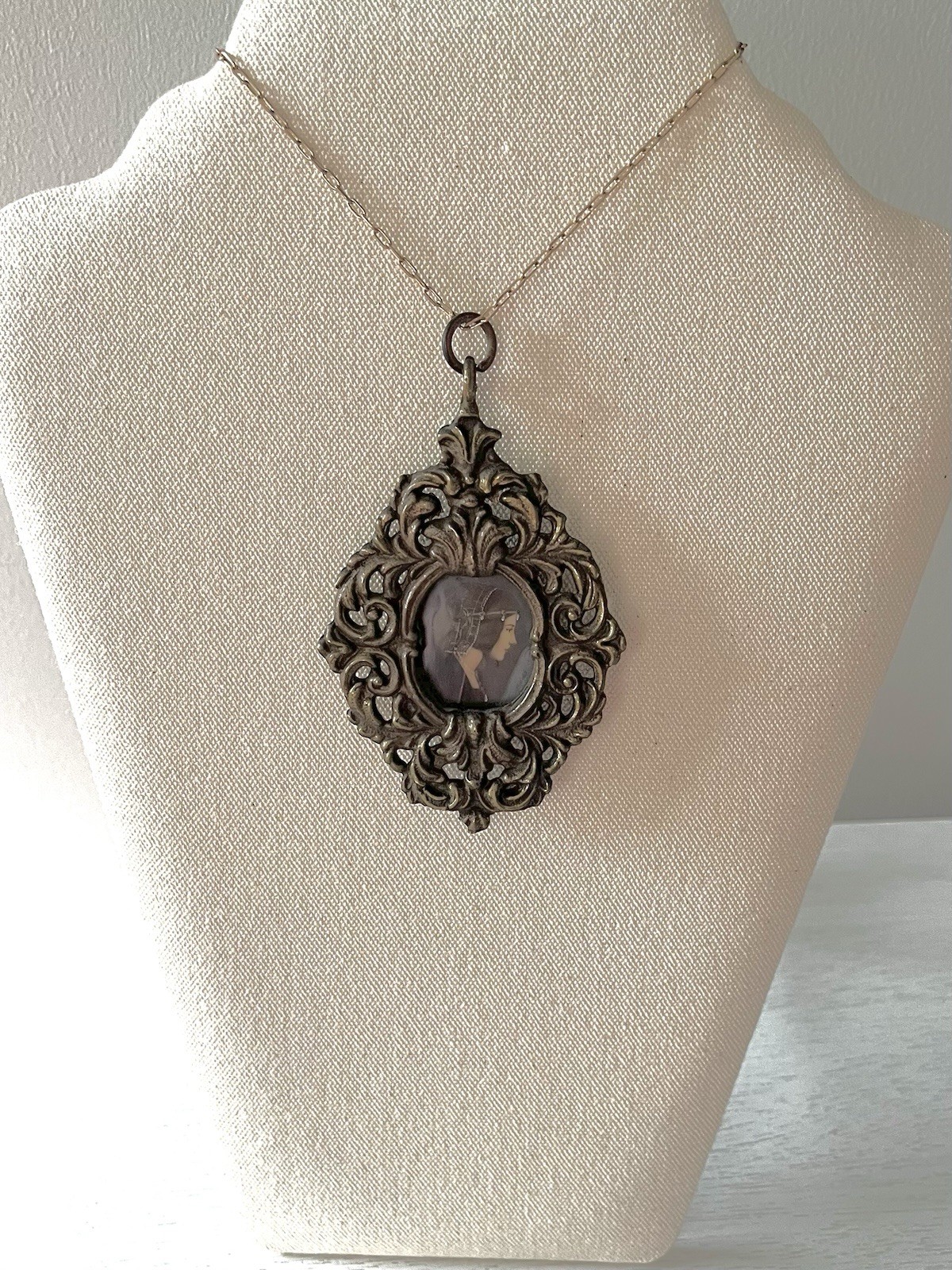 1840 Italian Portrait Pendant ST CECILIA with Harp Enamel Miniature Rome Bronze