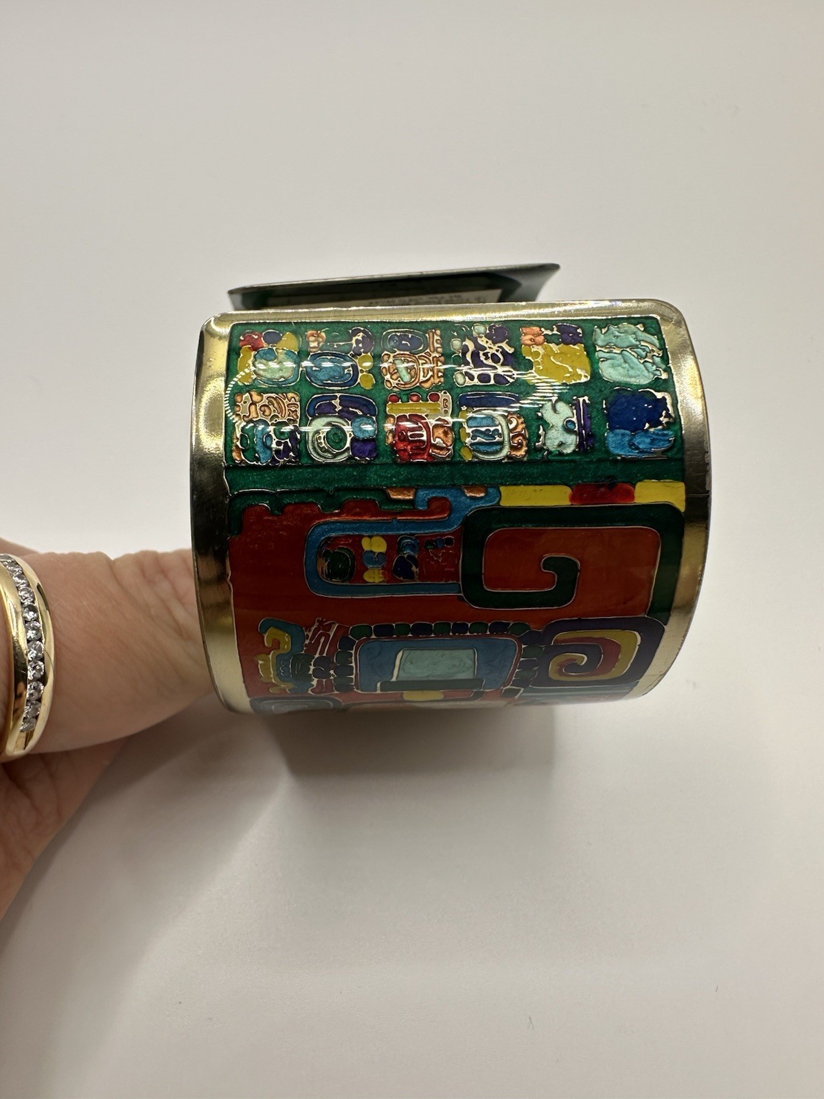 Fernandez Rodriguez Artisan Enamel Cuff Bracelet Vintage, Mayan Mexico