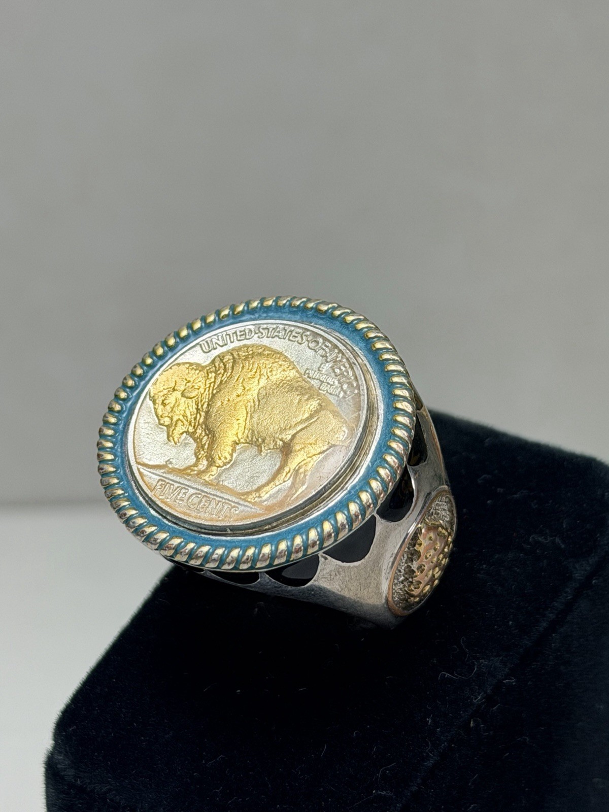 Vintage Buffalo Nickel Style Statement Ring Silver Tone Sz 11