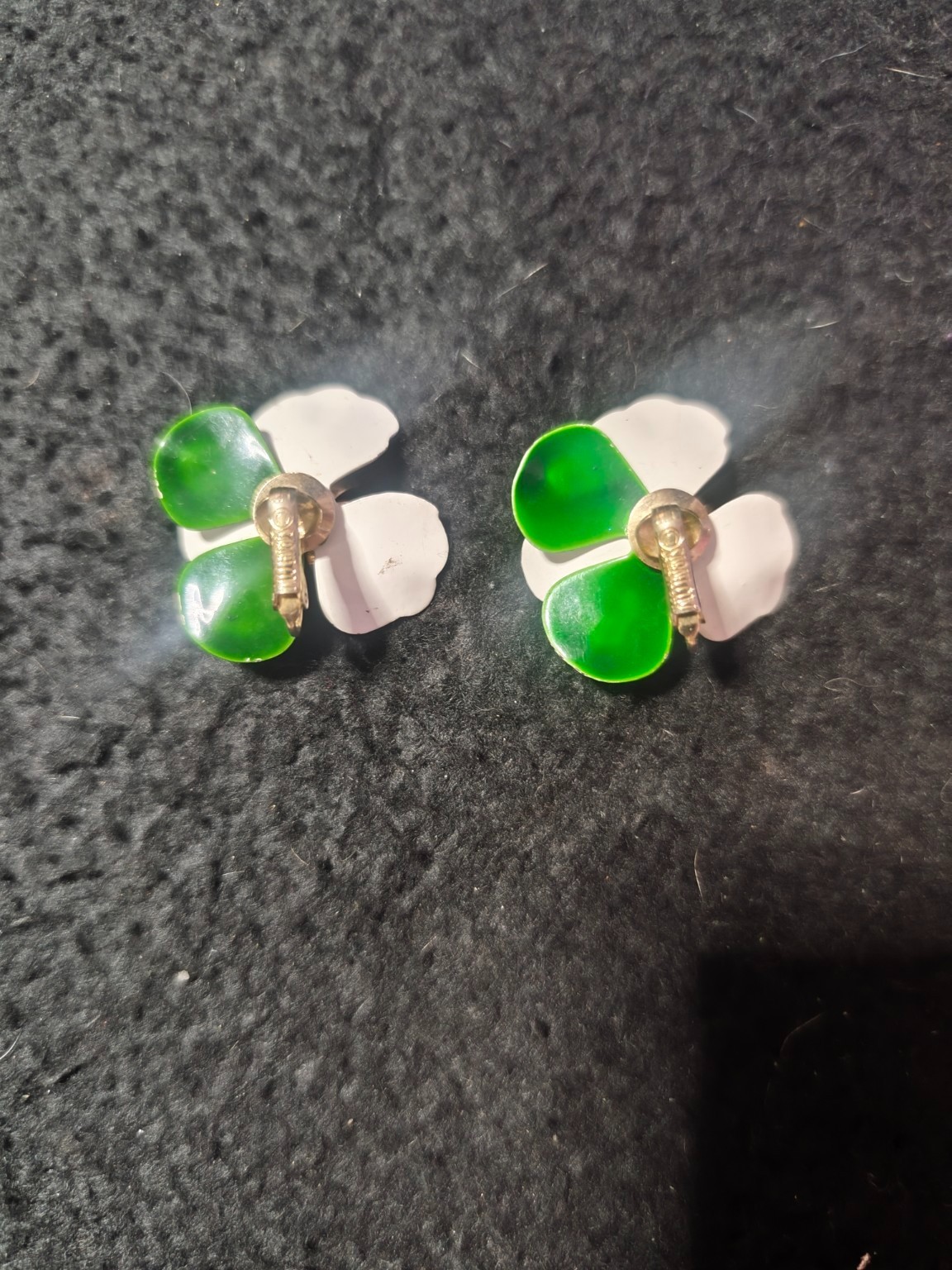 Vintage Enamel Flower Clip On Earrings Green White Purple Floral Jewelry