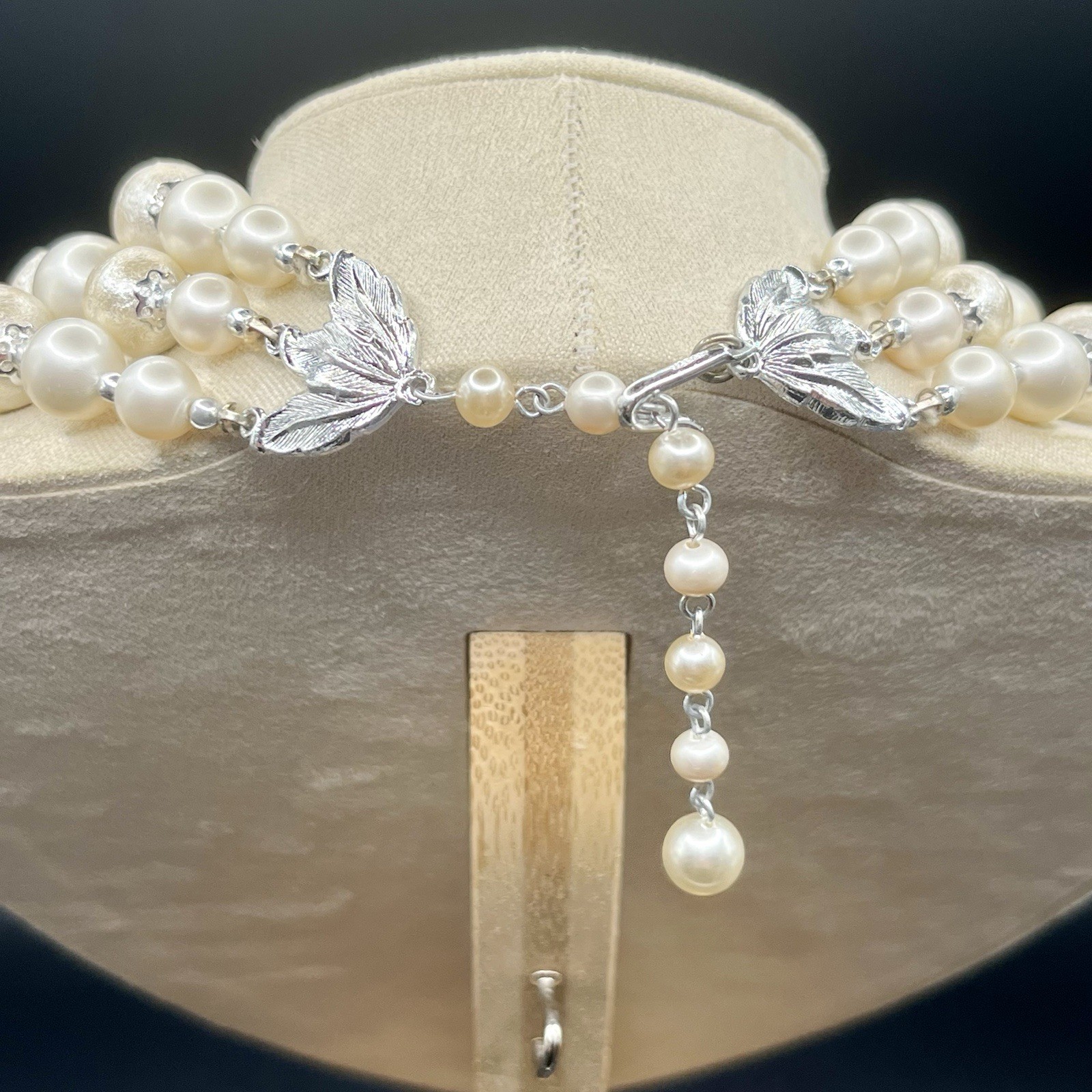 Vintage Japan Necklace Faux Pearls AB Beads Graduated Triple Strand *READ NOTES