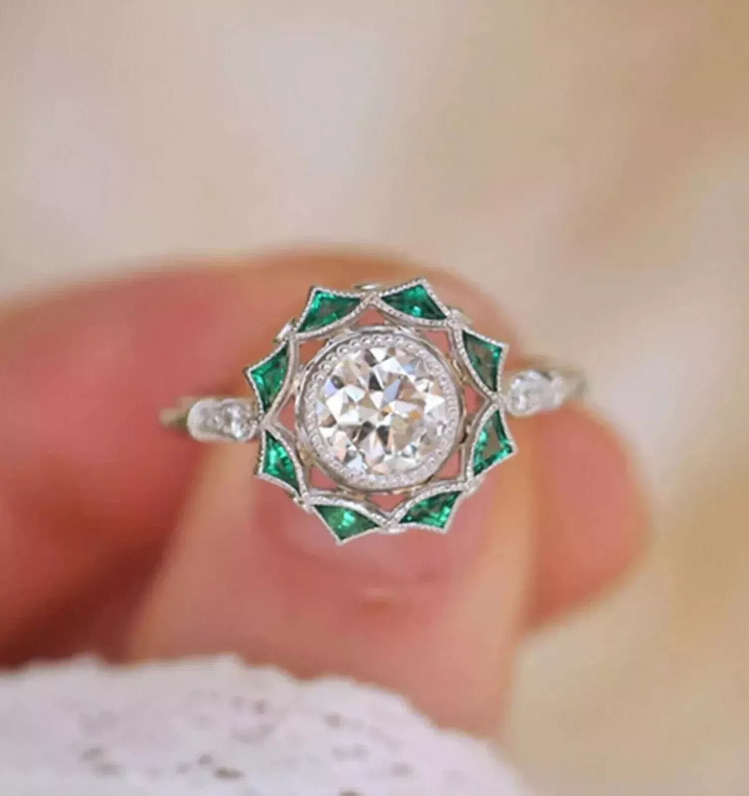 Art Deco Vintage Style Lab Created Diamond & Emerald Wedding 14K White Gold FN