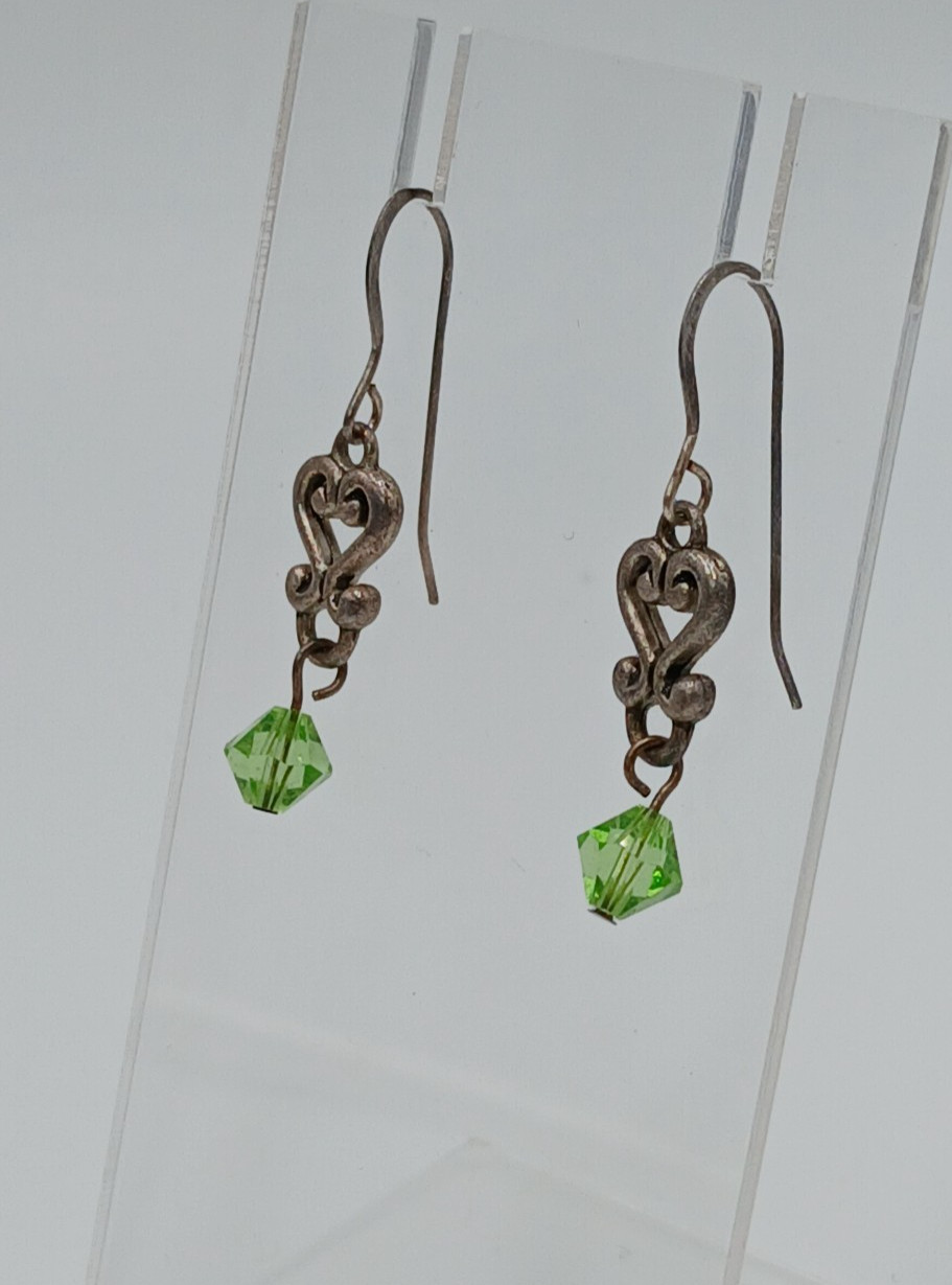 VTG 925 Green Bicone Crystal Earrings 1.25in Drop Sterling Silver Heart Scroll
