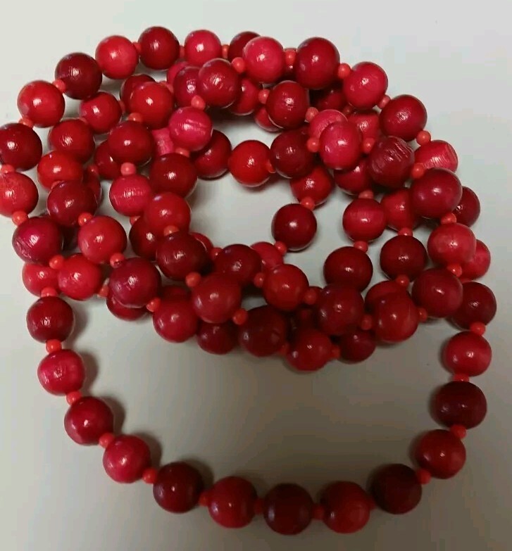 Vintage 135cm Red Carved Wooden & Glass Spacer 11mm Bead Necklace 76 grams