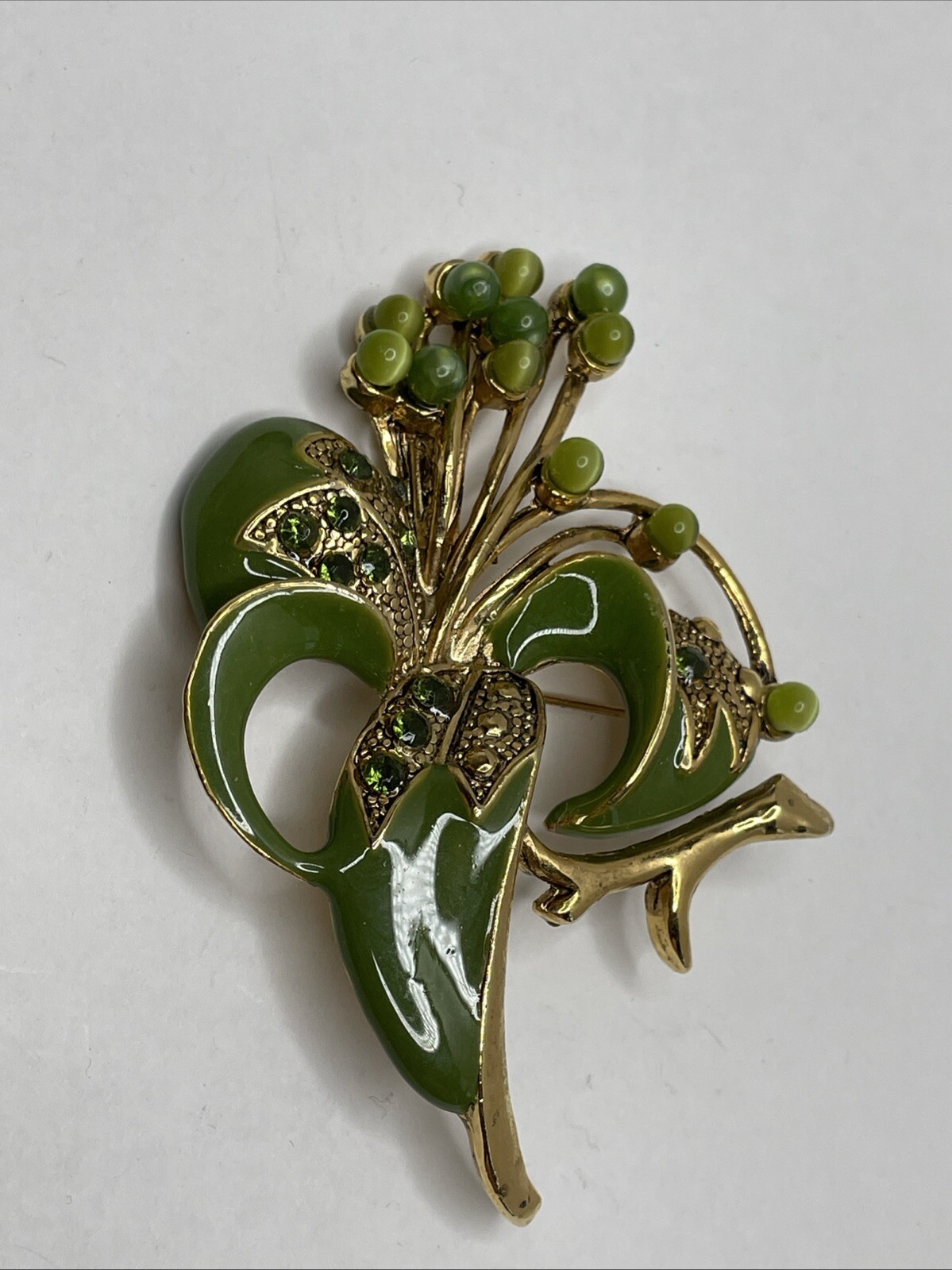 Vintage Green Enamel Floral Brooch Pin with Green Rhinestones and Cabochons RARE