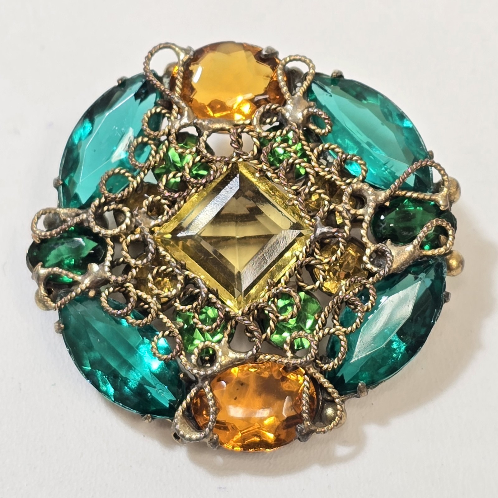 Vintage Fashioncraft Robert Brass Filigree Green Yellow Rhinestone Brooch