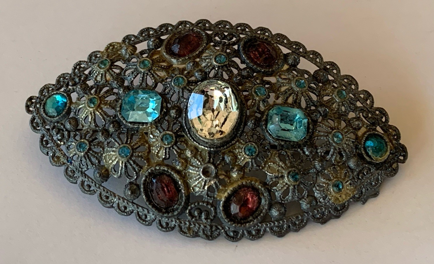 New England Glass Works Antique Brooch Pin Rhinestones Filigree Marked