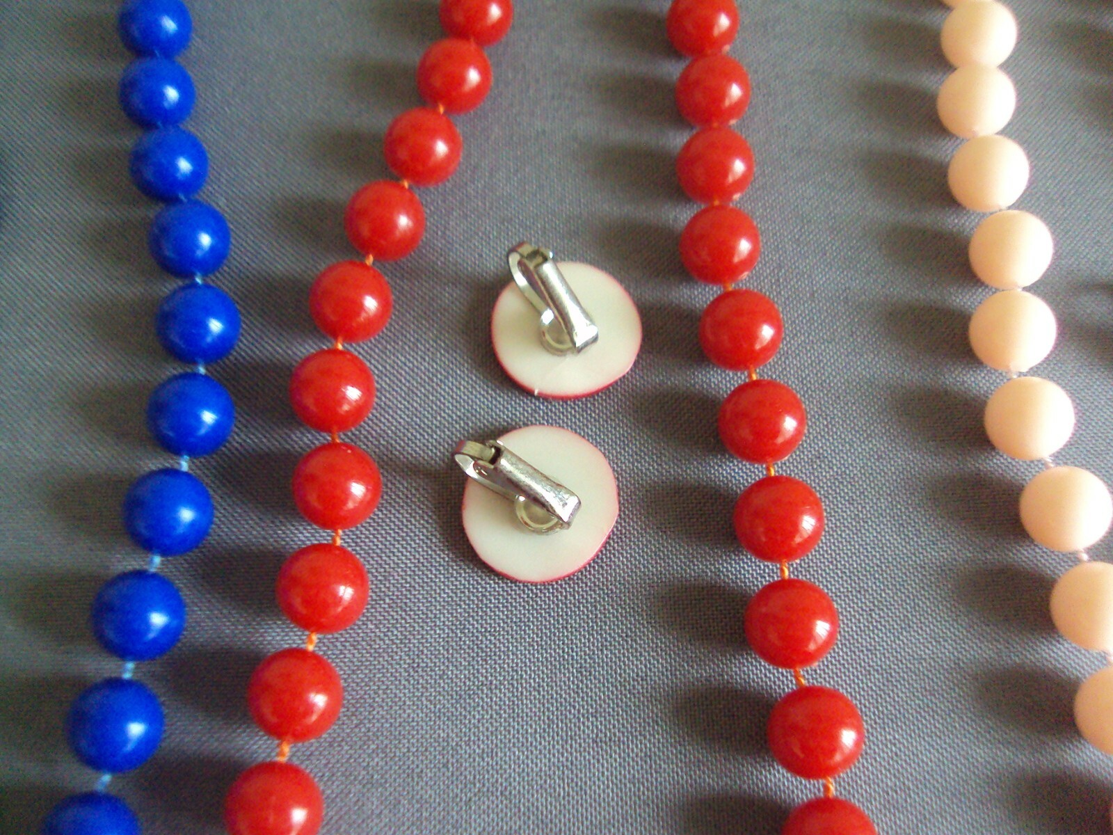 Lot of Vintage Plastic Bead Necklaces and Clip Earrings Red, Blue, Pink, Gray