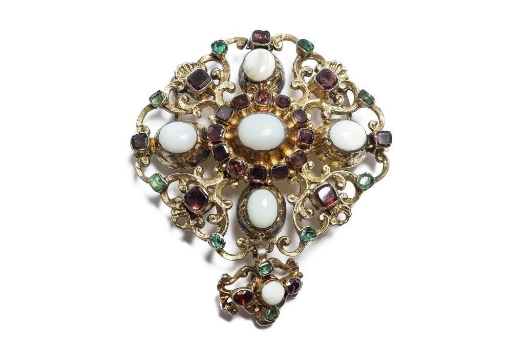 ANTIQUE AUSTRO HUNGARIAN SILVER GILT AGATE GARNET & EMERALD BROOCH PENDANT c1870